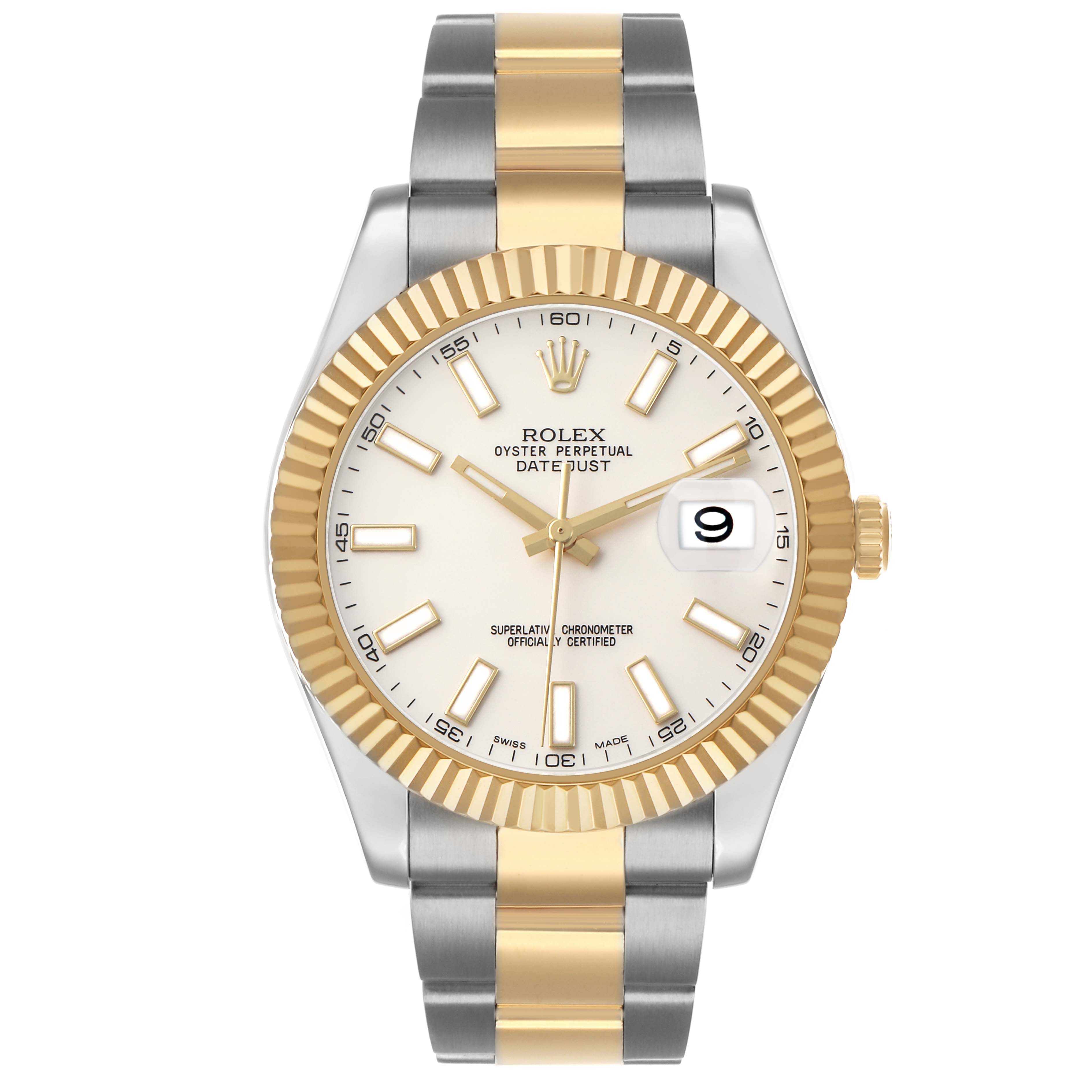 The Rolex Datejust 41 116333 Men's Steel and Gold (two tone) Silver Dial is shown from the front, displaying its dial, hands, fluted bezel, and two-tone bracelet.