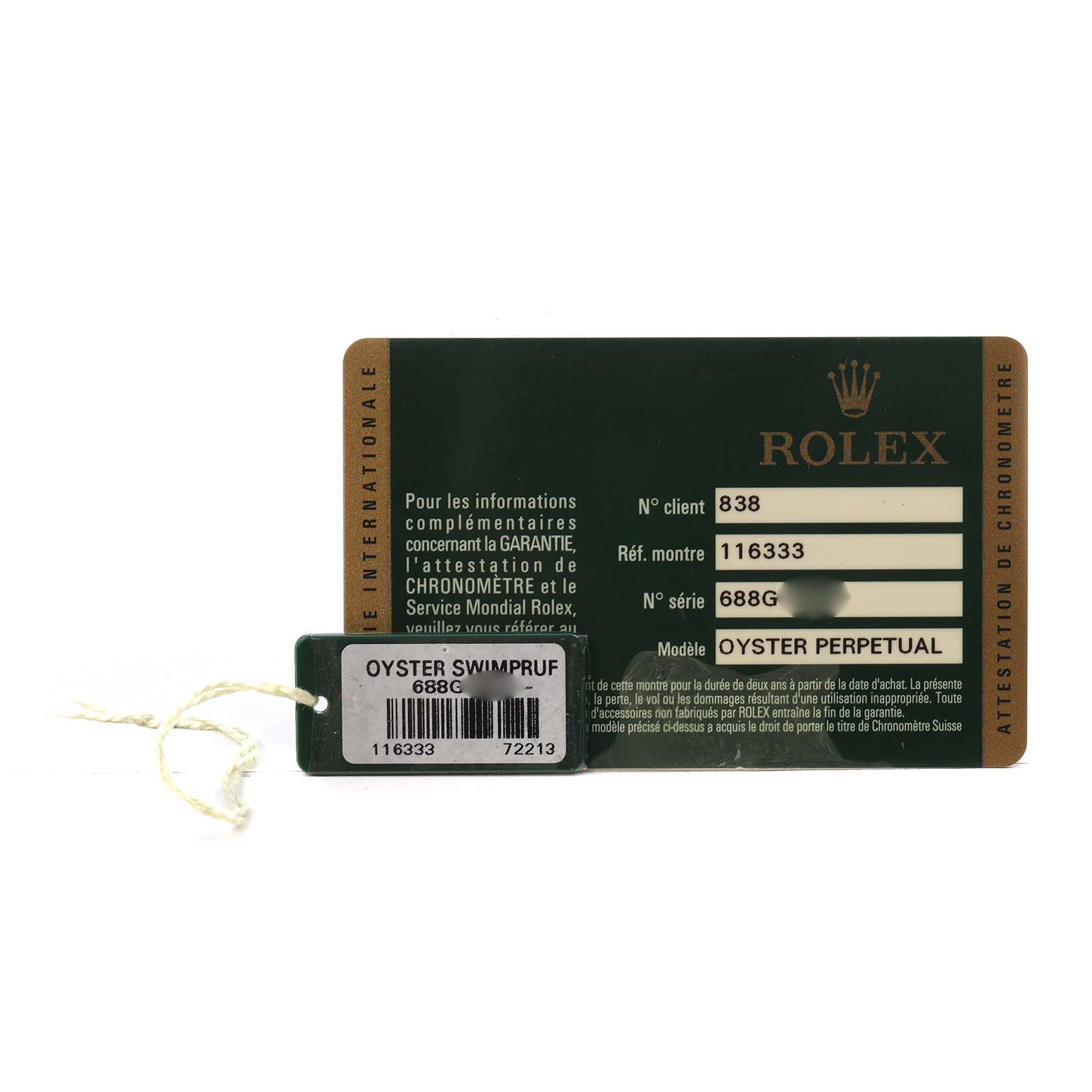 The image shows a Rolex Datejust 41 116333 Men's Steel and Gold (two tone) Silver Dial warranty card and swing tag from a straight-on angle.