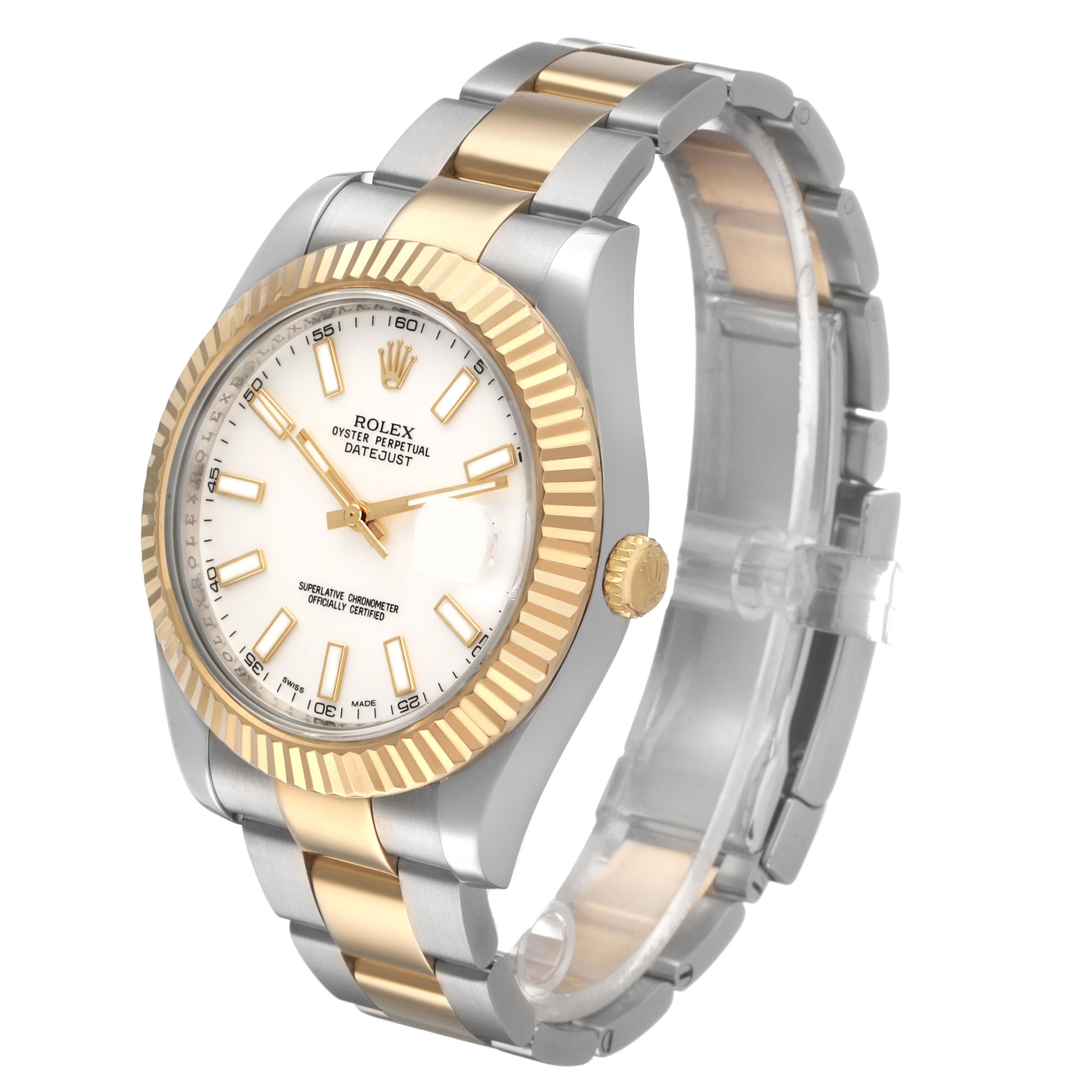 The Rolex Datejust 41 116333 Men's Steel and Gold (two tone) Silver Dial is shown at a three-quarter angle, highlighting the gold fluted bezel, dial, crown, and the two-tone bracelet.