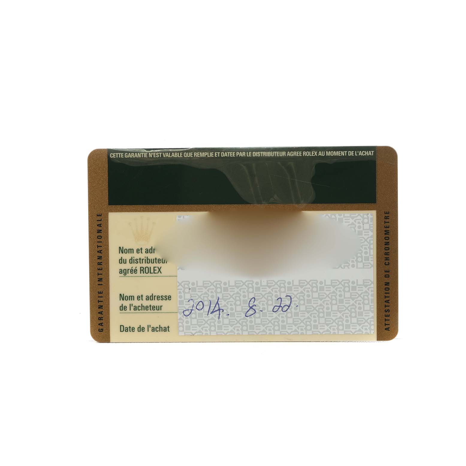The image shows a warranty card for the Rolex Datejust 41 116333 Men's Steel and Gold (two tone) Silver Dial, featuring printed text and some handwriting.