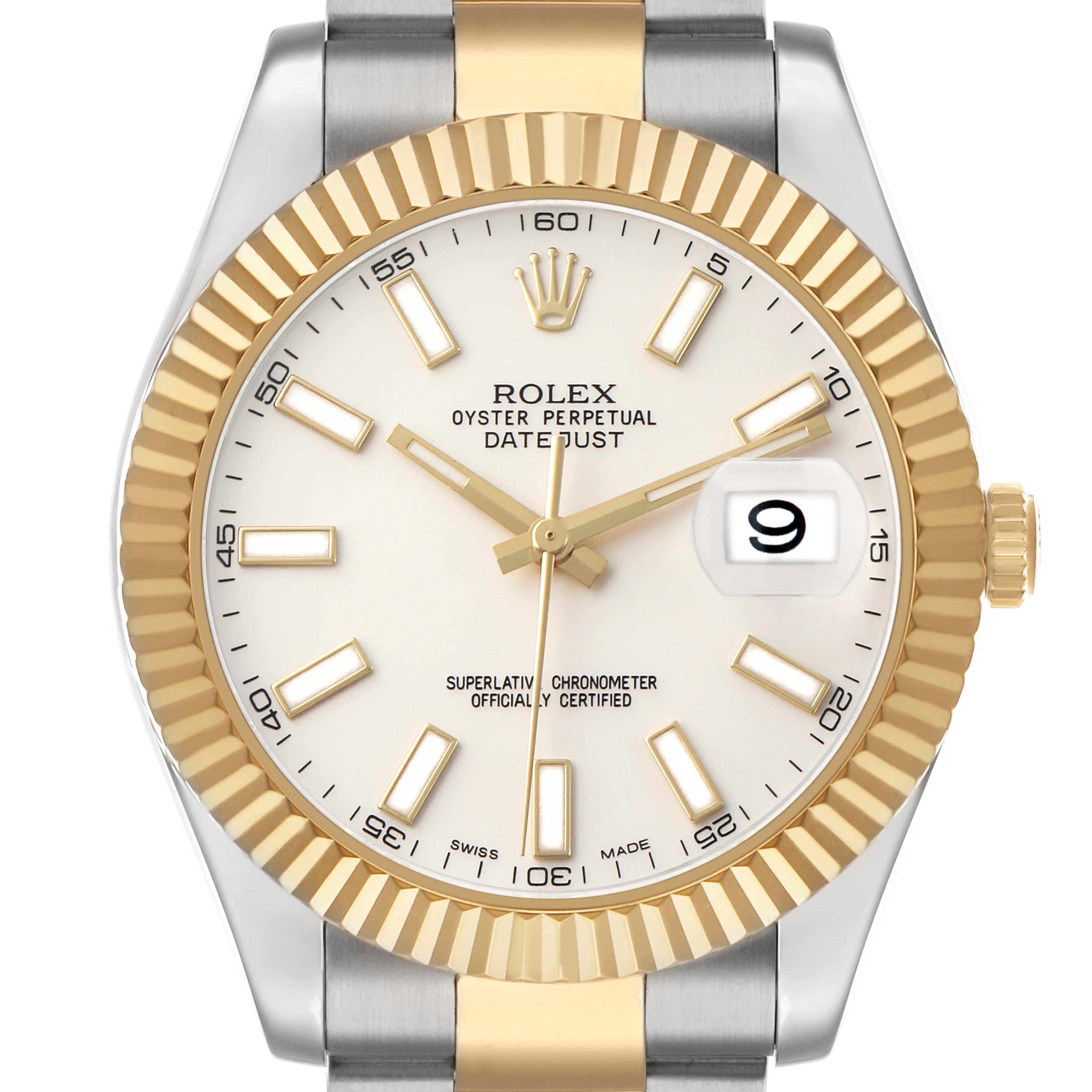 The image shows a front view of the Rolex Datejust 41 116333 Men's Steel and Gold (two tone) Silver Dial, highlighting its dial, fluted bezel, and part of the bracelet.