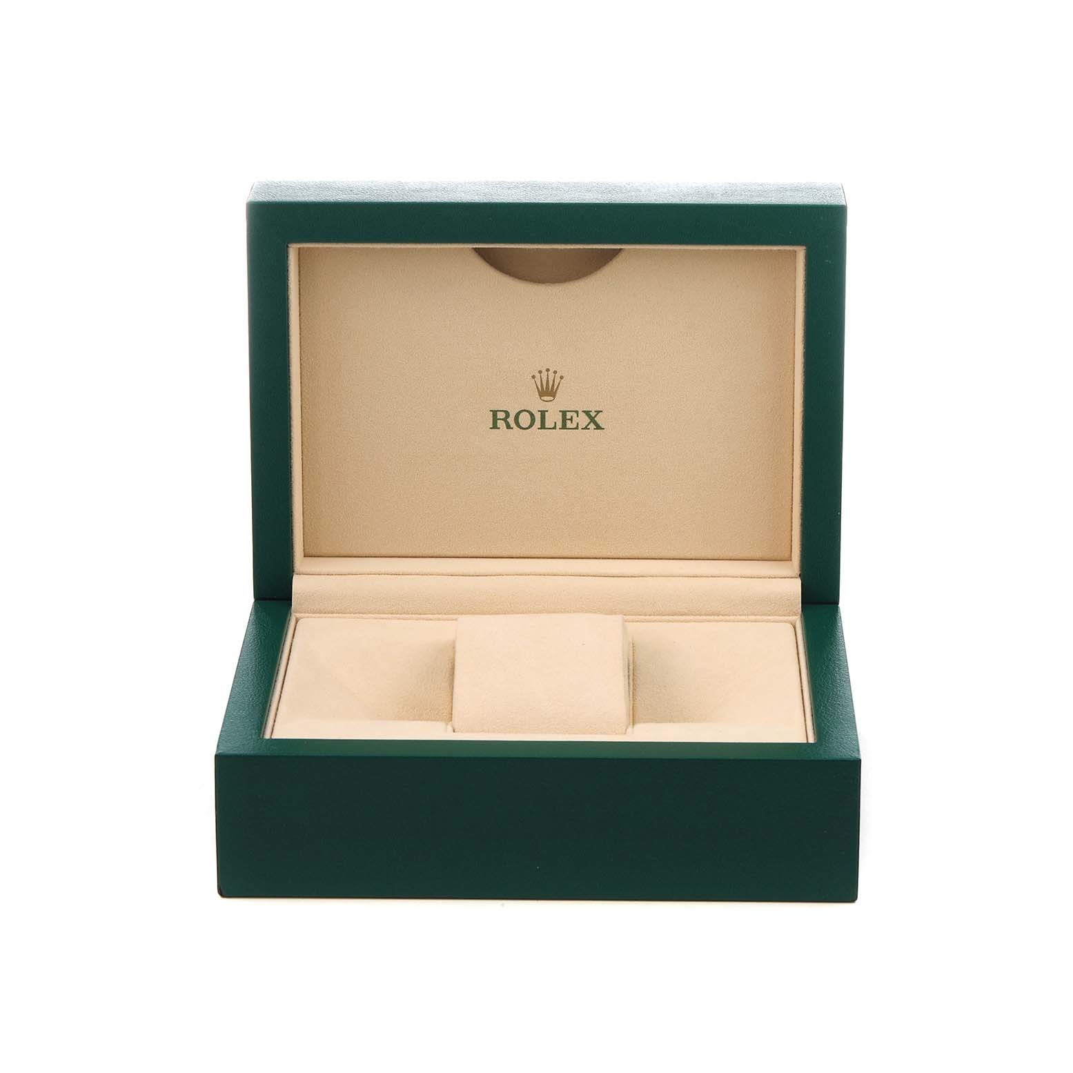 The image shows an open Rolex watch box for a Mid-Size model, featuring a beige interior and a green exterior.