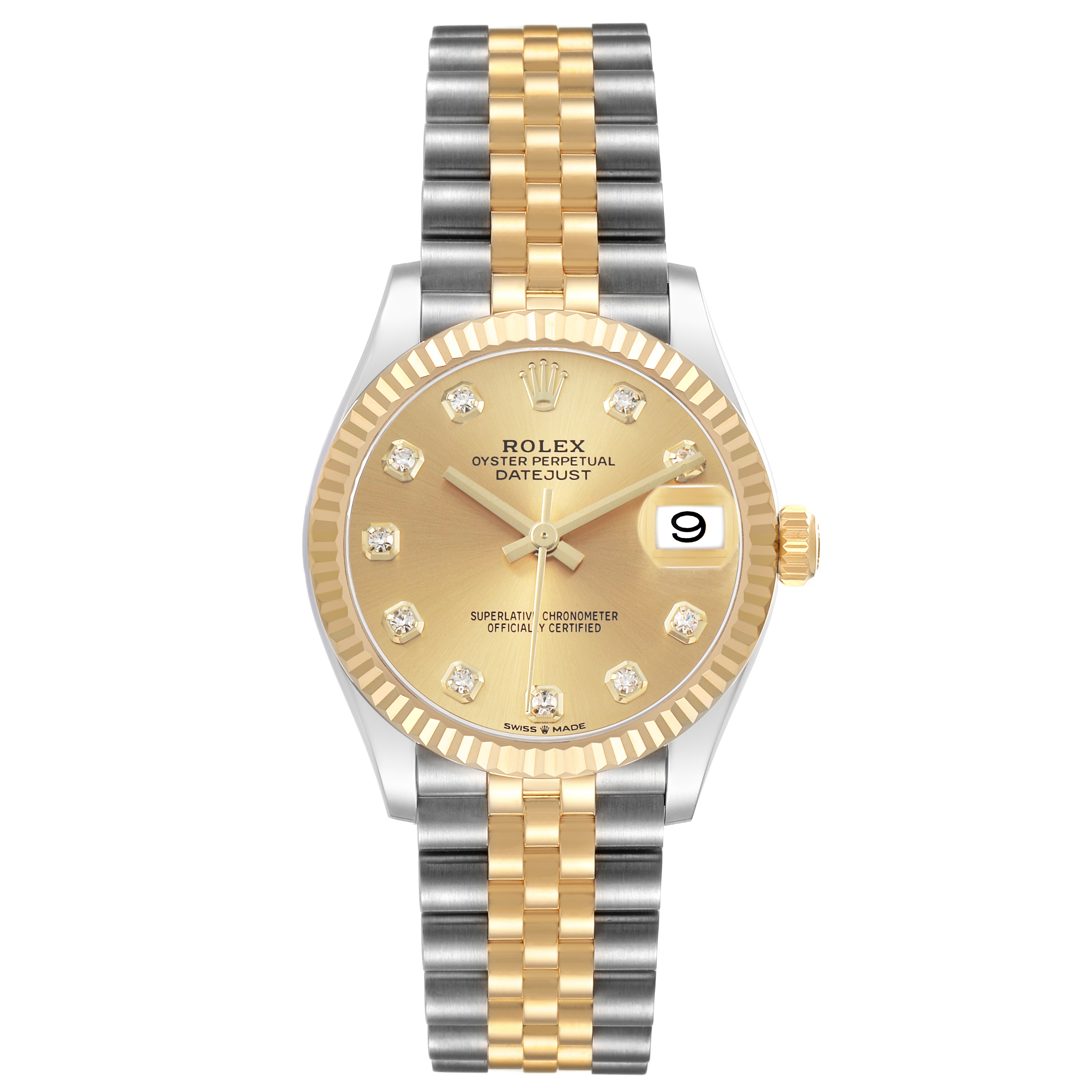 The Rolex Mid-Size 278273 Women's Steel and Gold (two tone) Champagne Dial watch is shown from the front, featuring a two-tone bracelet, fluted bezel, and date window at 3 o'clock.
