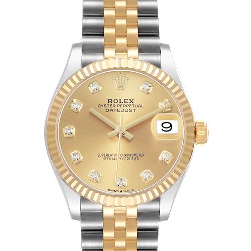 The Rolex Mid-Size 278273 Women's Steel and Gold (two tone) Champagne Dial Datejust is shown from the front, highlighting the gold dial, fluted bezel, and two-tone jubilee bracelet.