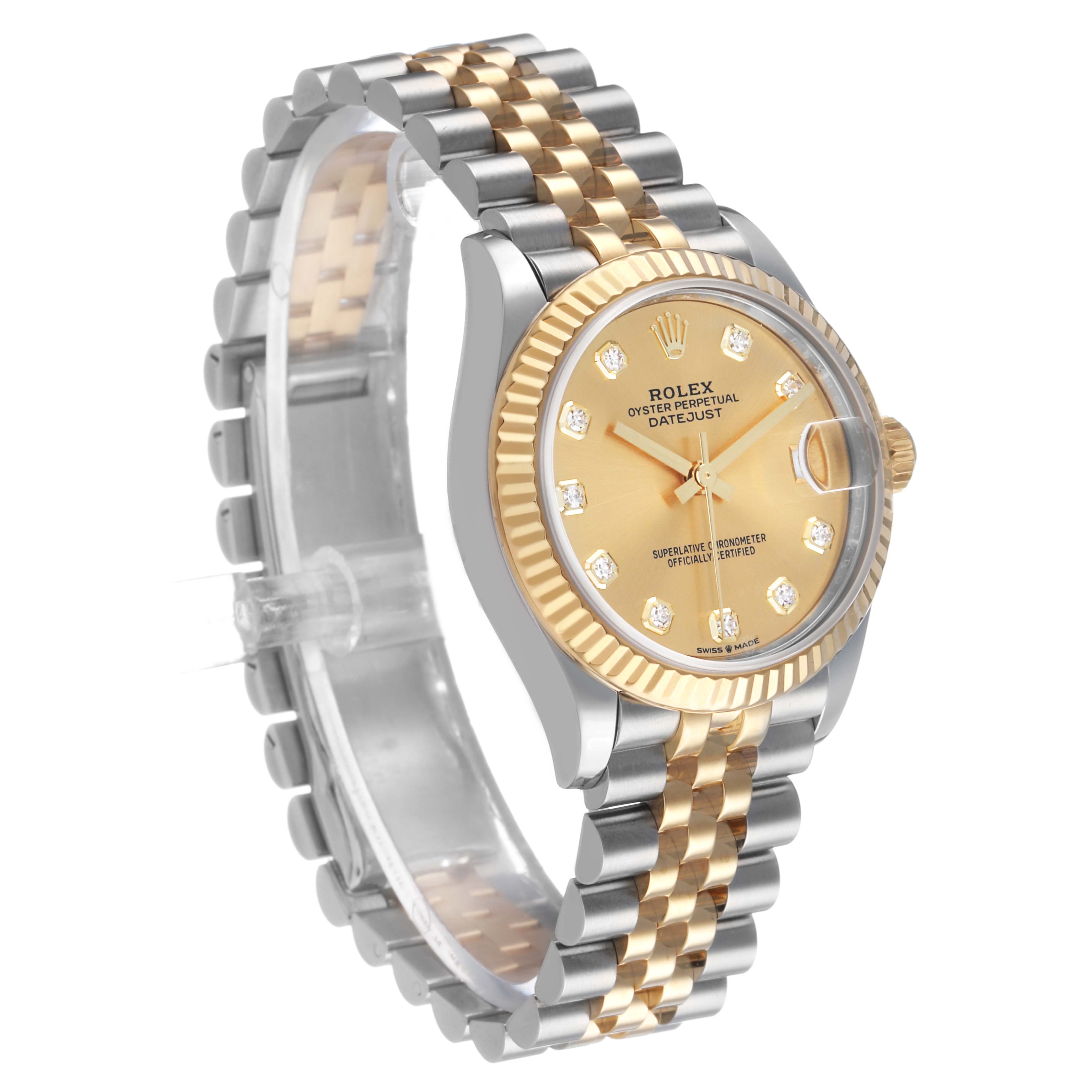 The Rolex Datejust Mid-Size watch is shown at a three-quarter angle, highlighting the dial, bezel, and two-tone bracelet.