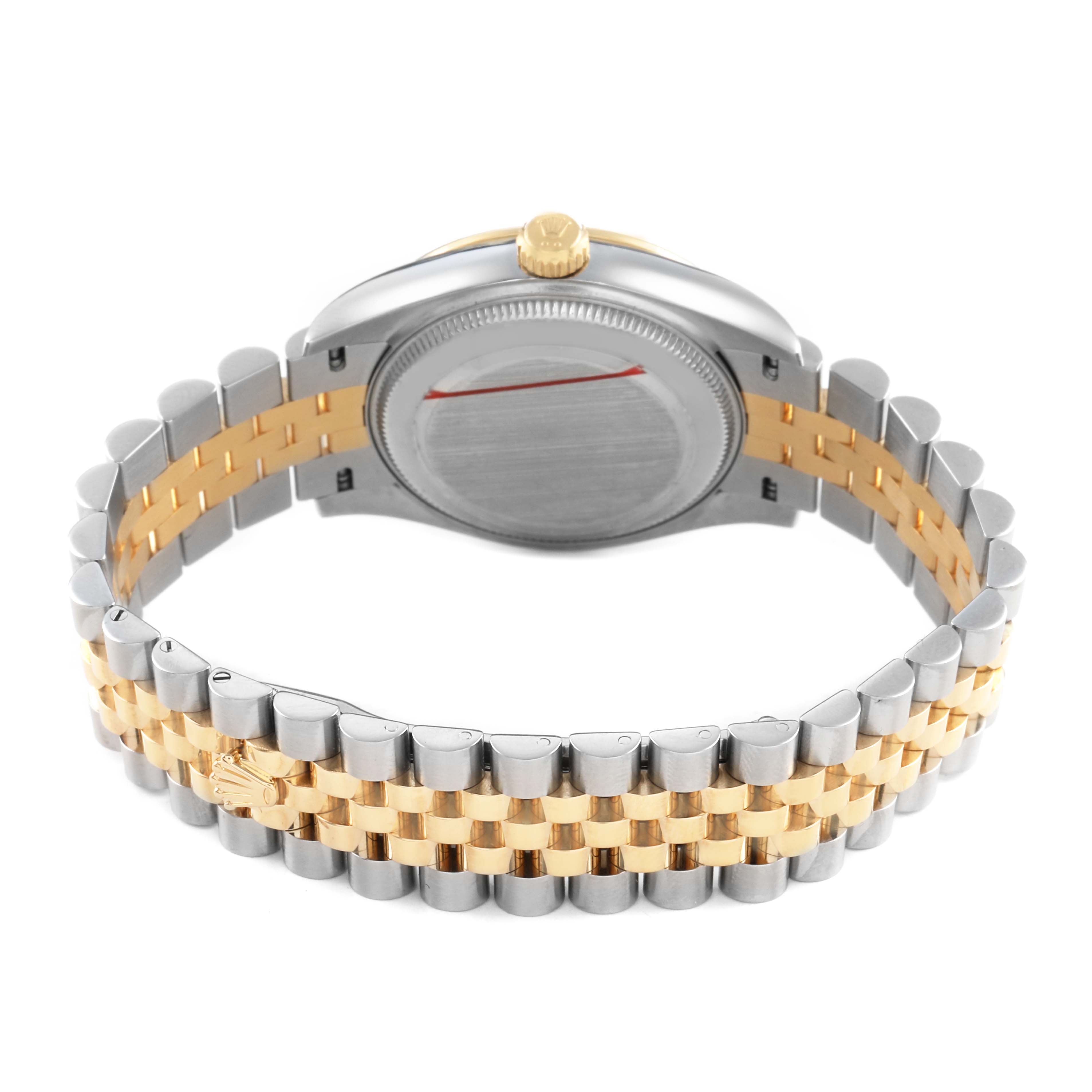 The image shows the back and side of a Rolex Mid-Size 278273 Women's Steel and Gold (two tone) Champagne Dial watch, focusing on its two-tone bracelet and caseback.