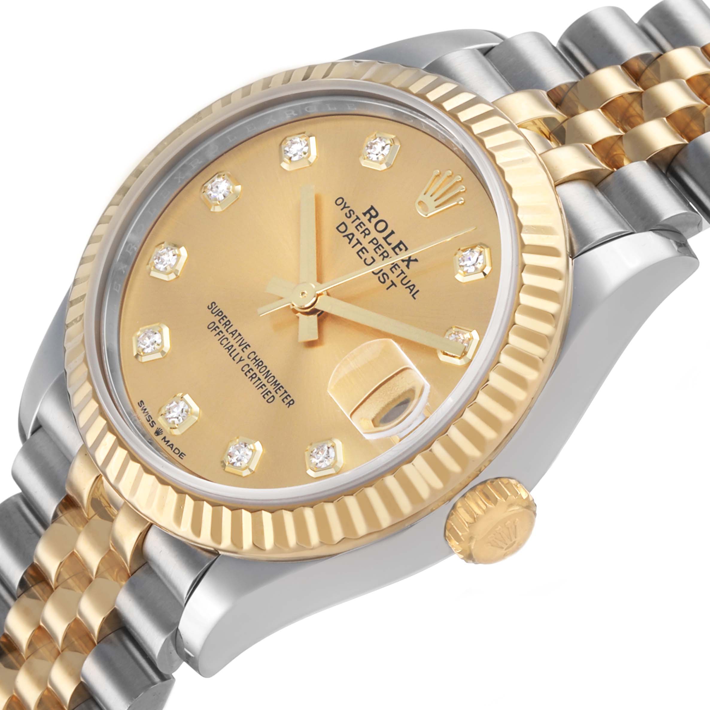The Rolex Datejust mid-size is shown at a slight angle, highlighting the gold bezel, diamond indices, and two-tone bracelet.