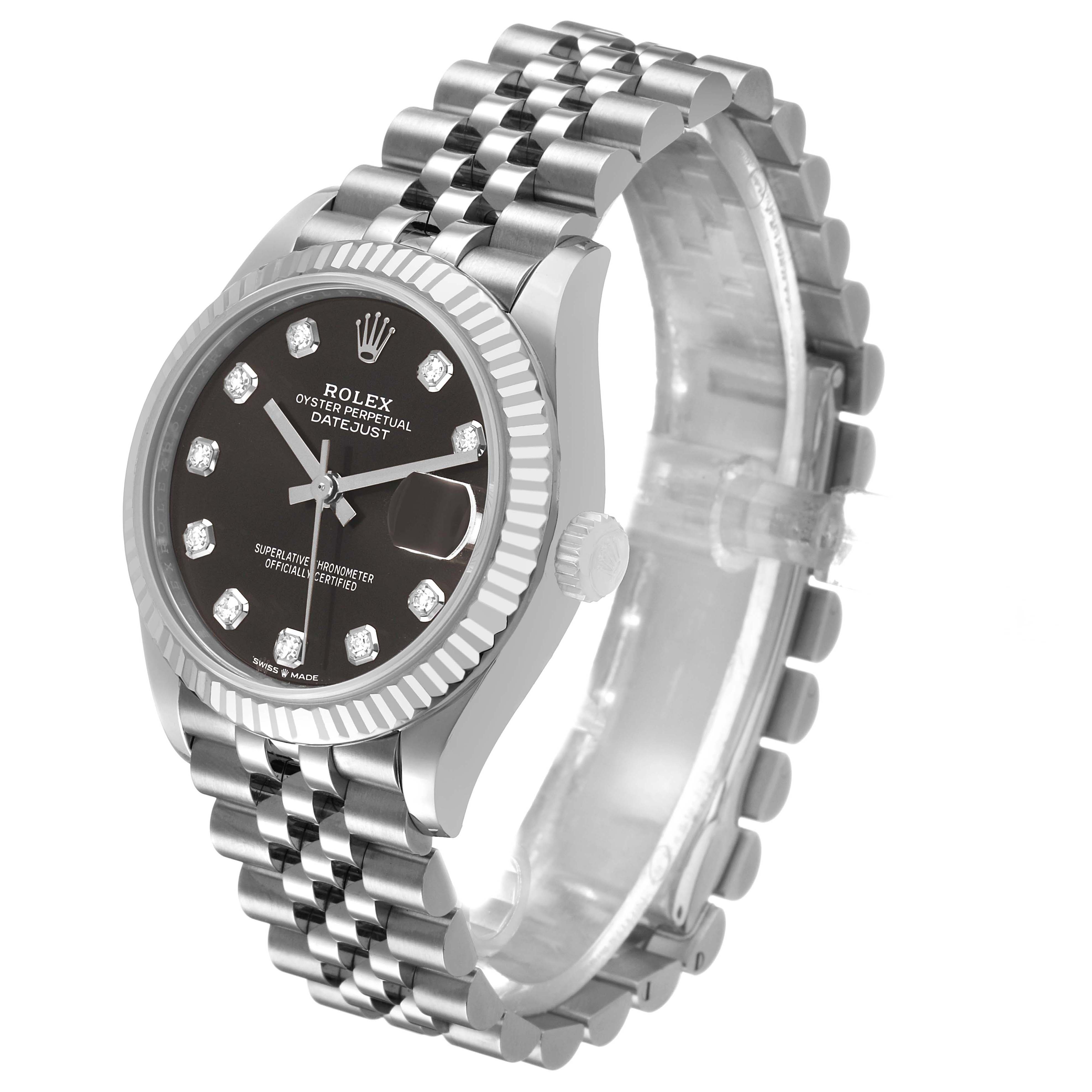 The Rolex Datejust 278274 Women's Stainless Steel Grey Dial watch is shown at a three-quarters angle, displaying its face, bezel, crown, and Jubilee bracelet.