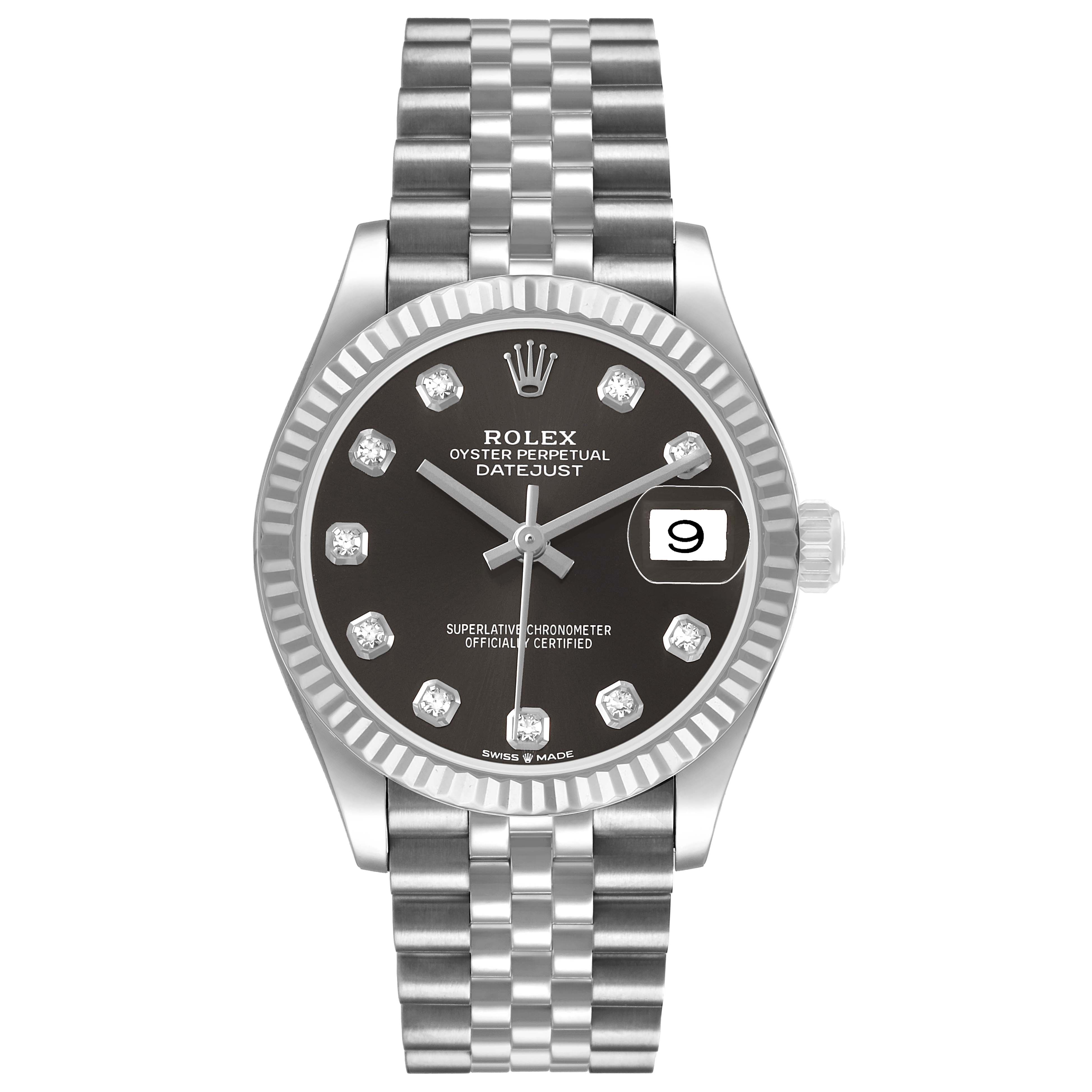 The Rolex Datejust 278274 Women's Stainless Steel Grey Dial watch is shown from a front view, highlighting the dial, bezel, bracelet, and date feature.