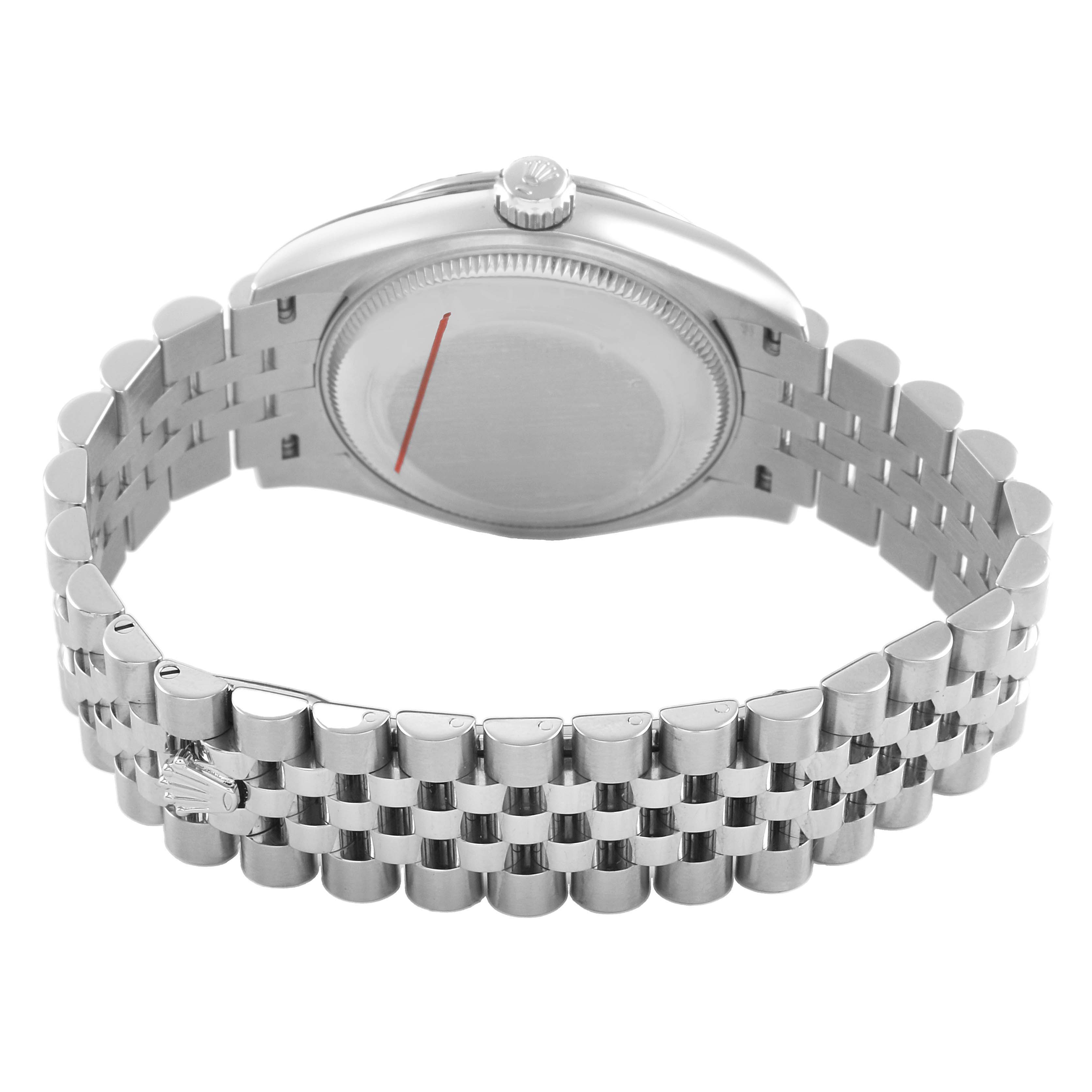 The image shows the Rolex Datejust 278274 Women's Stainless Steel Grey Dial watch from a rear angle, highlighting the case back and jubilee bracelet.