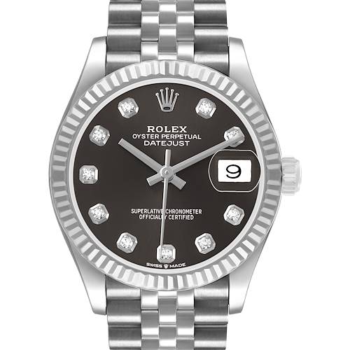The image shows a front view of the Rolex Datejust 278274 Women's Stainless Steel Grey Dial watch, highlighting its dial, bezel, and bracelet.