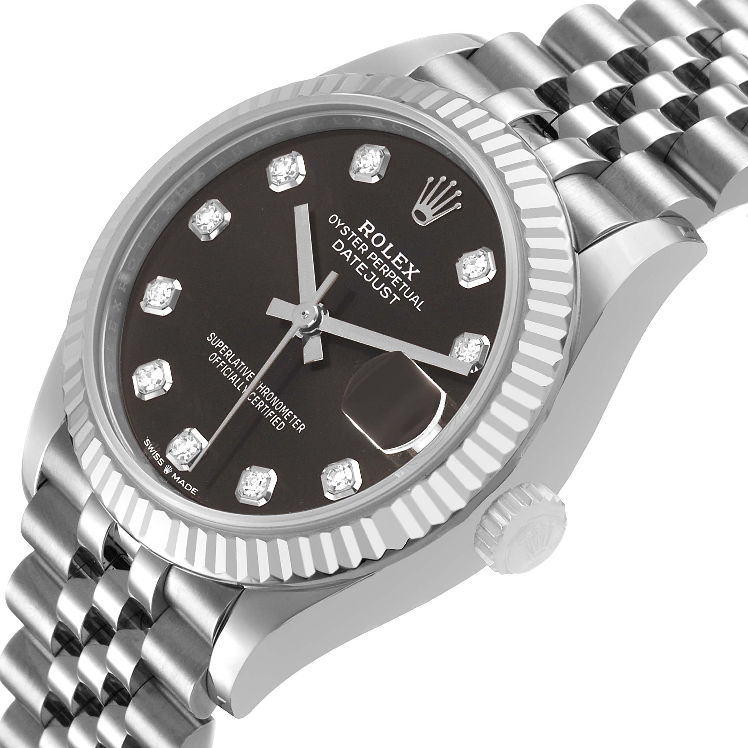 The Rolex Datejust 278274 Women's Stainless Steel Grey Dial watch is shown at a slightly angled side view, highlighting its dial, fluted bezel, and bracelet.