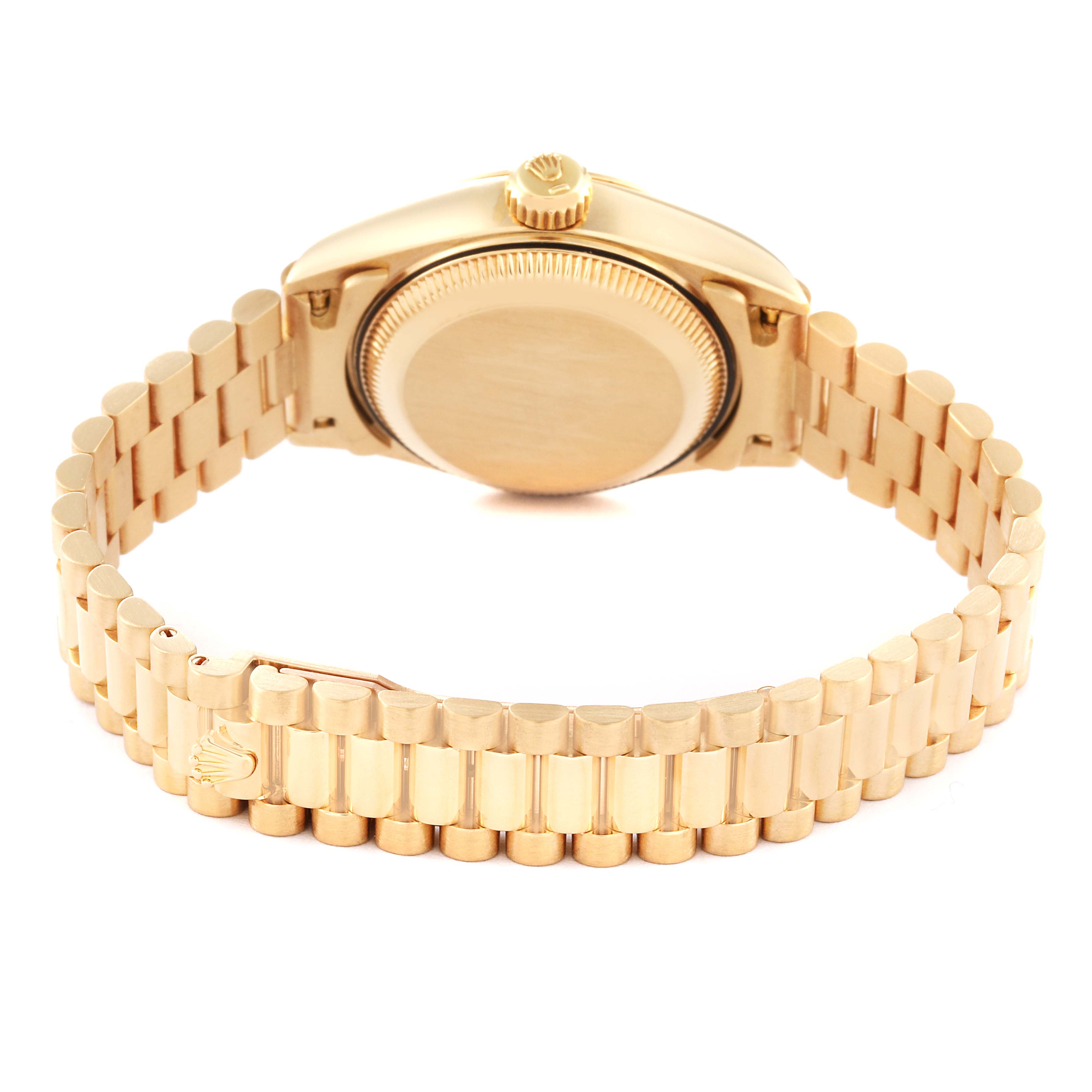 This image shows the back of the Rolex President 69178 Women's Yellow Gold Champagne Dial 69178 Women's Yellow Gold Champagne Dial model watch, highlighting the case back, crown, and bracelet.