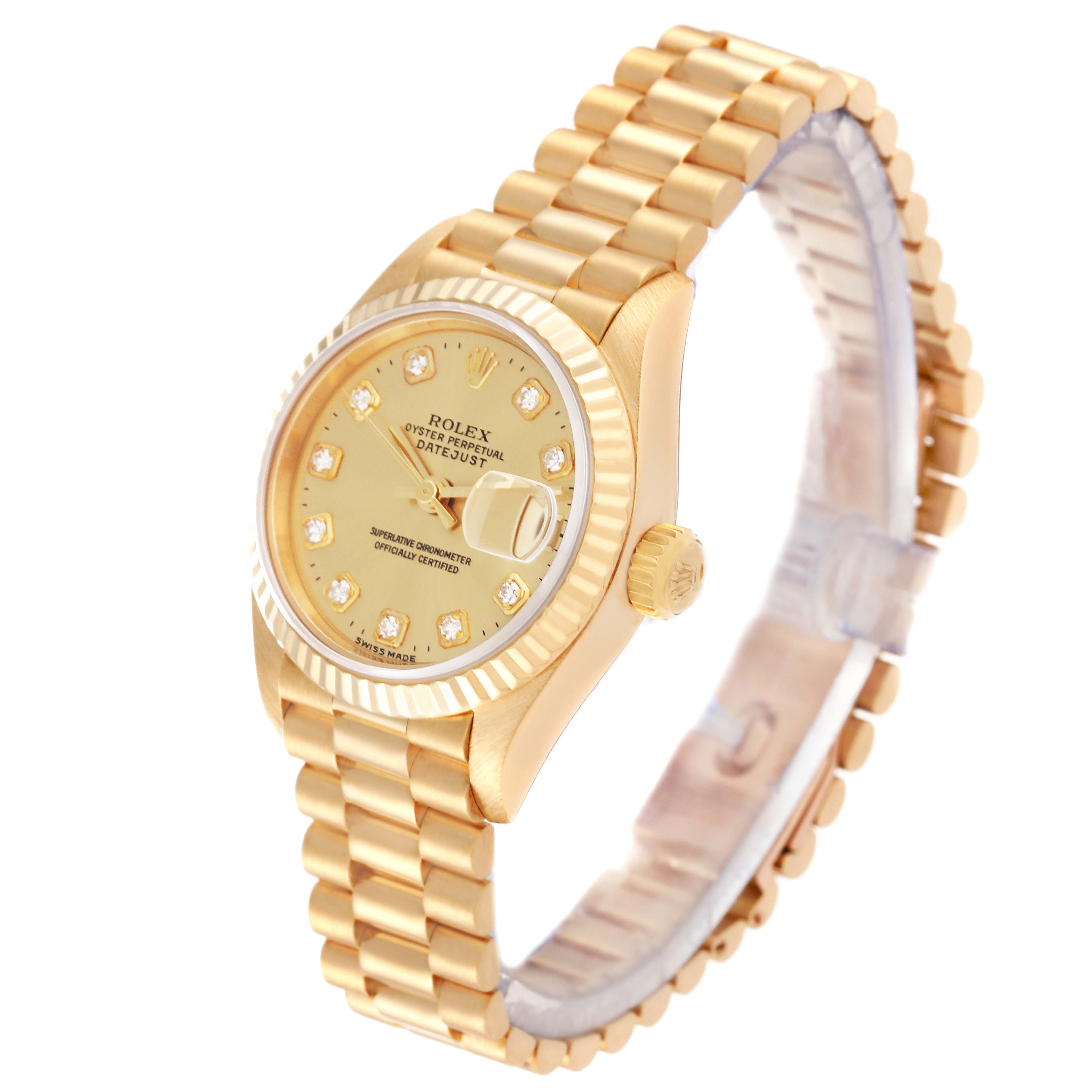 The image shows a Rolex President 69178 Women's Yellow Gold Champagne Dial 69178 Women's Yellow Gold Champagne Dial model watch at a slight angle, highlighting the face, bezel, crown, and bracelet.
