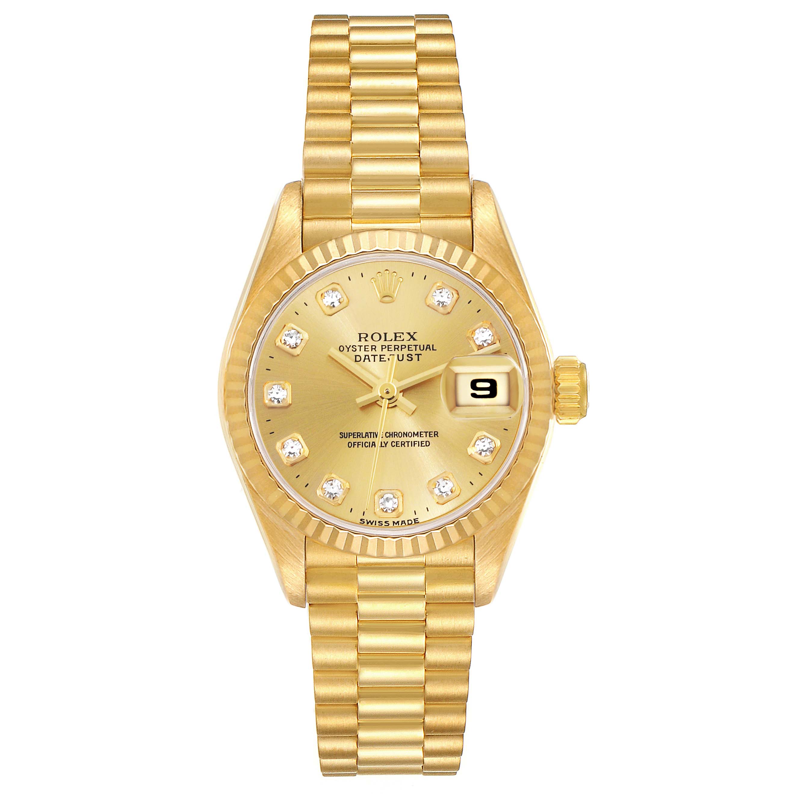 This image shows a frontal view of the President model watch by Rolex, featuring the dial, date, bezel, and bracelet.
