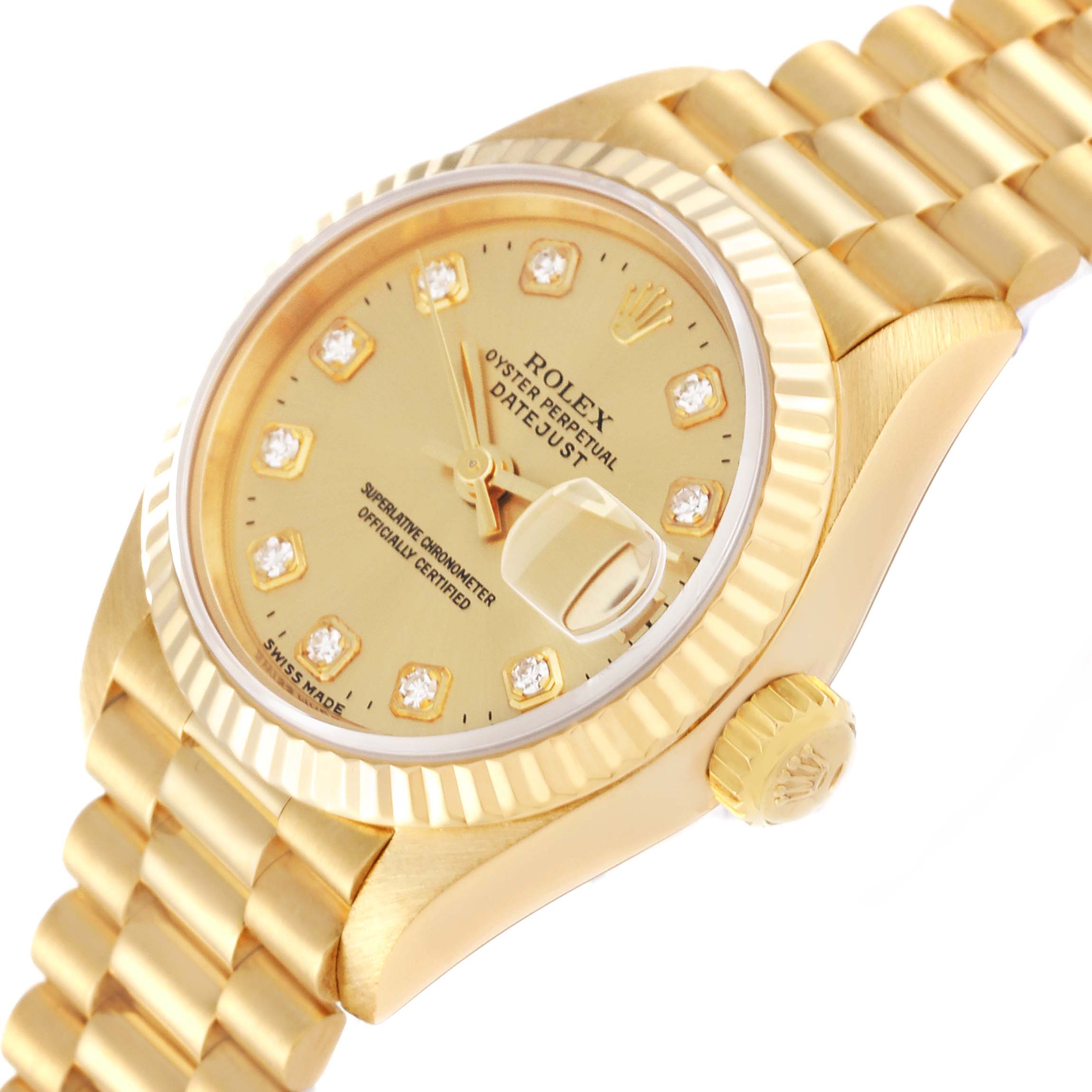 This image shows a close-up angle of the Rolex President 69178 Women's Yellow Gold Champagne Dial 69178 Women's Yellow Gold Champagne Dial model watch, highlighting its gold dial, bezel, crown, and bracelet.