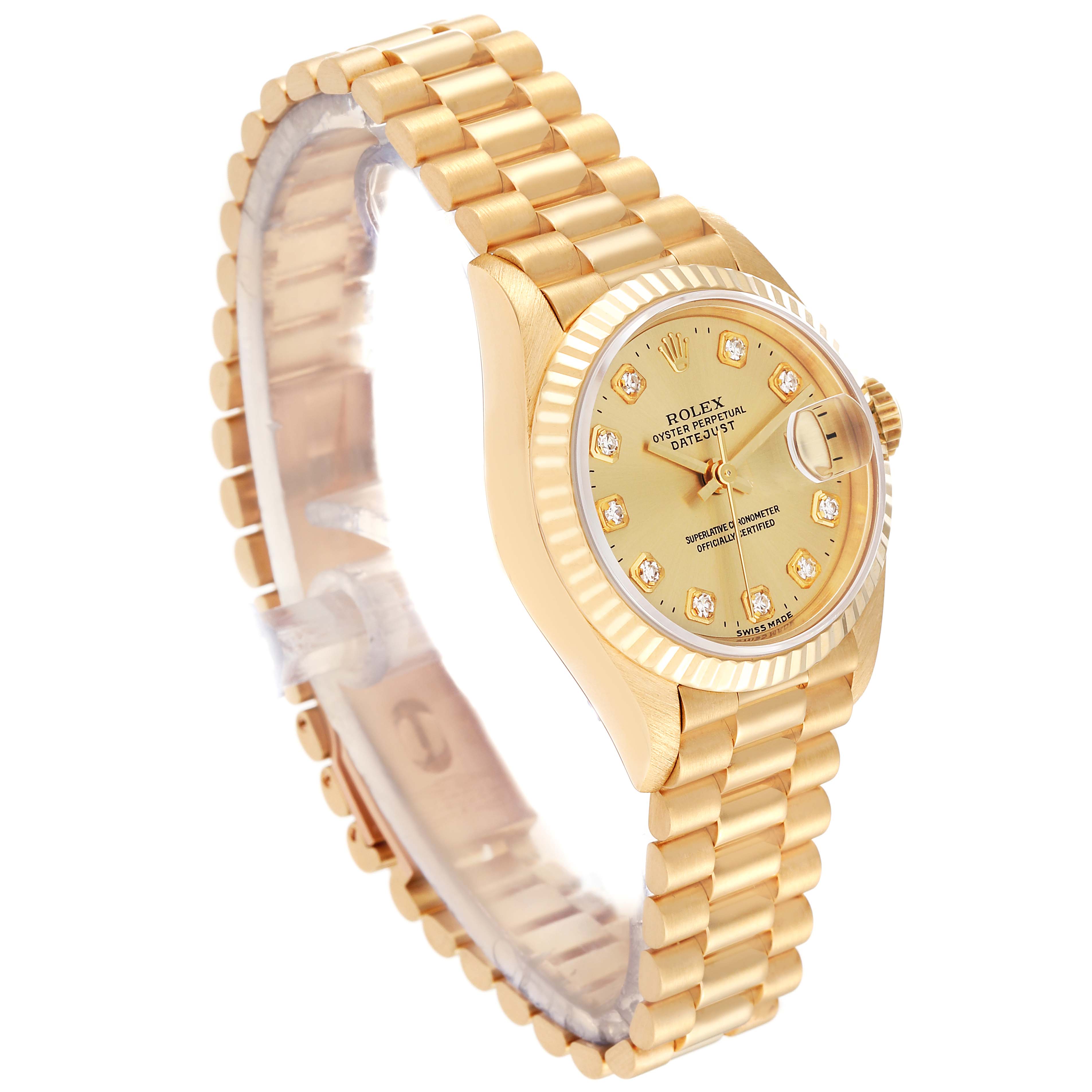 The Rolex President 69178 Women's Yellow Gold Champagne Dial 69178 Women's Yellow Gold Champagne Dial model watch is shown from a three-quarter angle, highlighting its gold bracelet and diamond-encrusted dial.