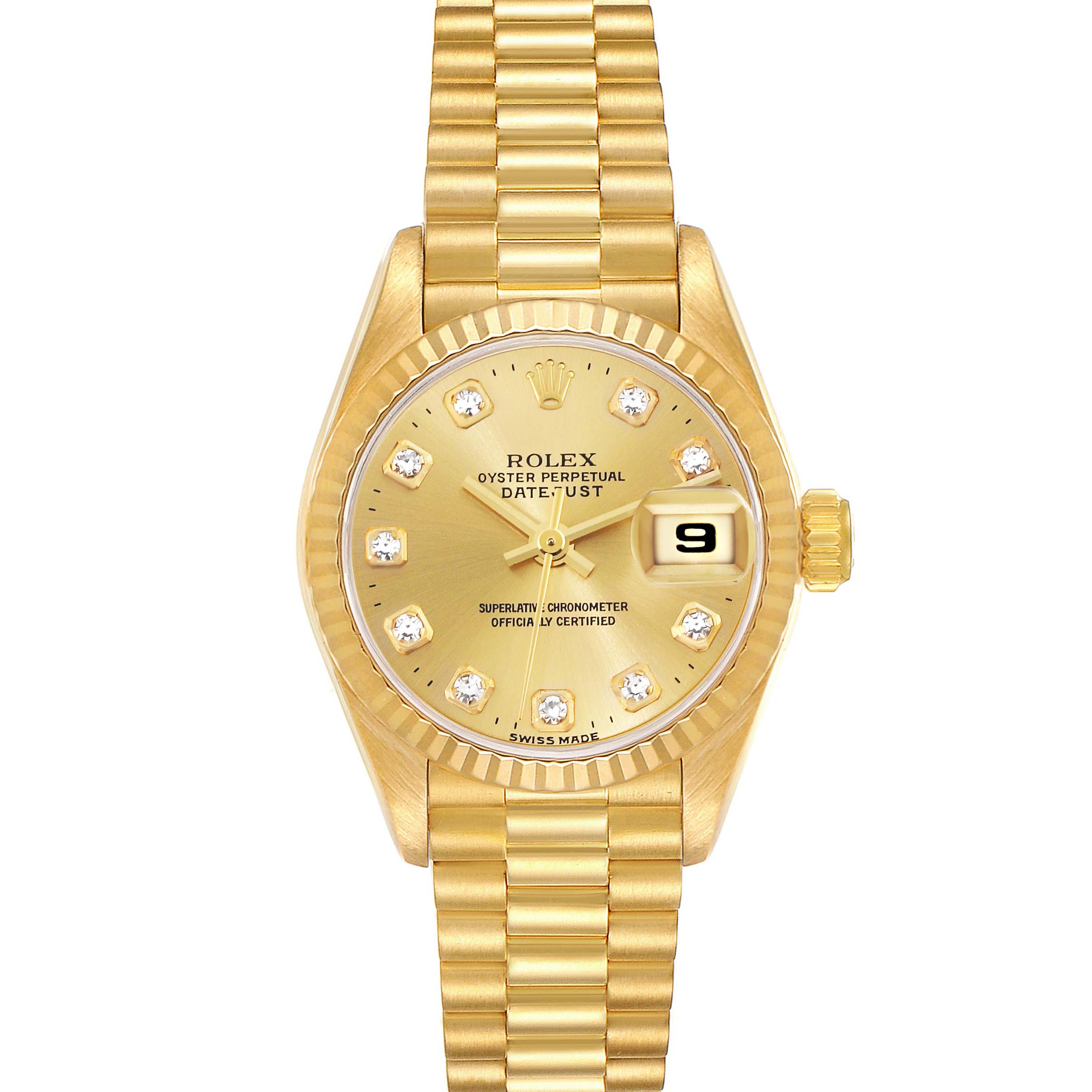This image shows a top-down view of a Rolex President 69178 Women's Yellow Gold Champagne Dial 69178 Women's Yellow Gold Champagne Dial watch, displaying its gold bracelet, dial, and date feature.