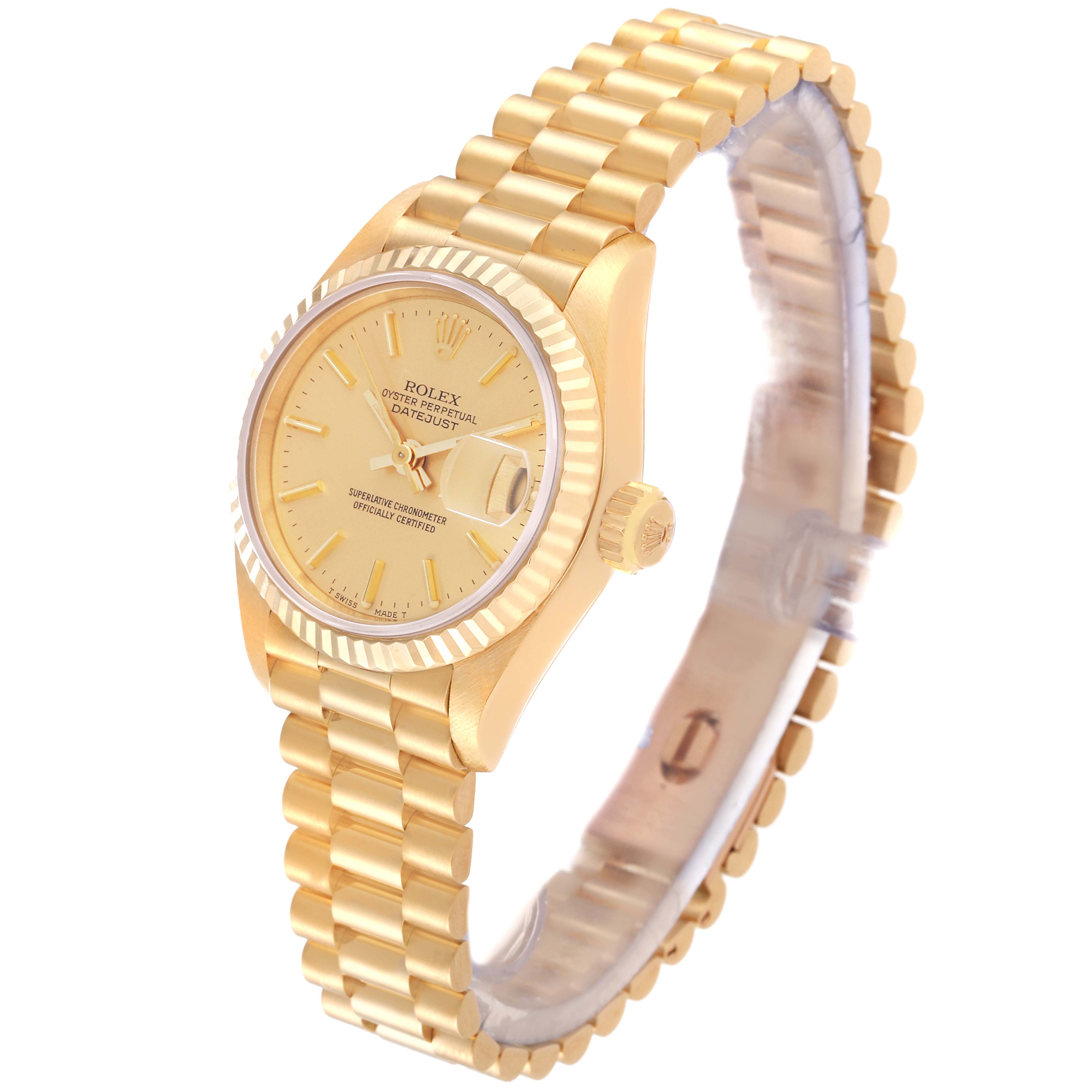 The image shows a side view of a Rolex President 69178 Women's Yellow Gold Champagne Dial 69178 Women's Yellow Gold Champagne Dial model watch, highlighting its gold band, bezel, crown, and dial.