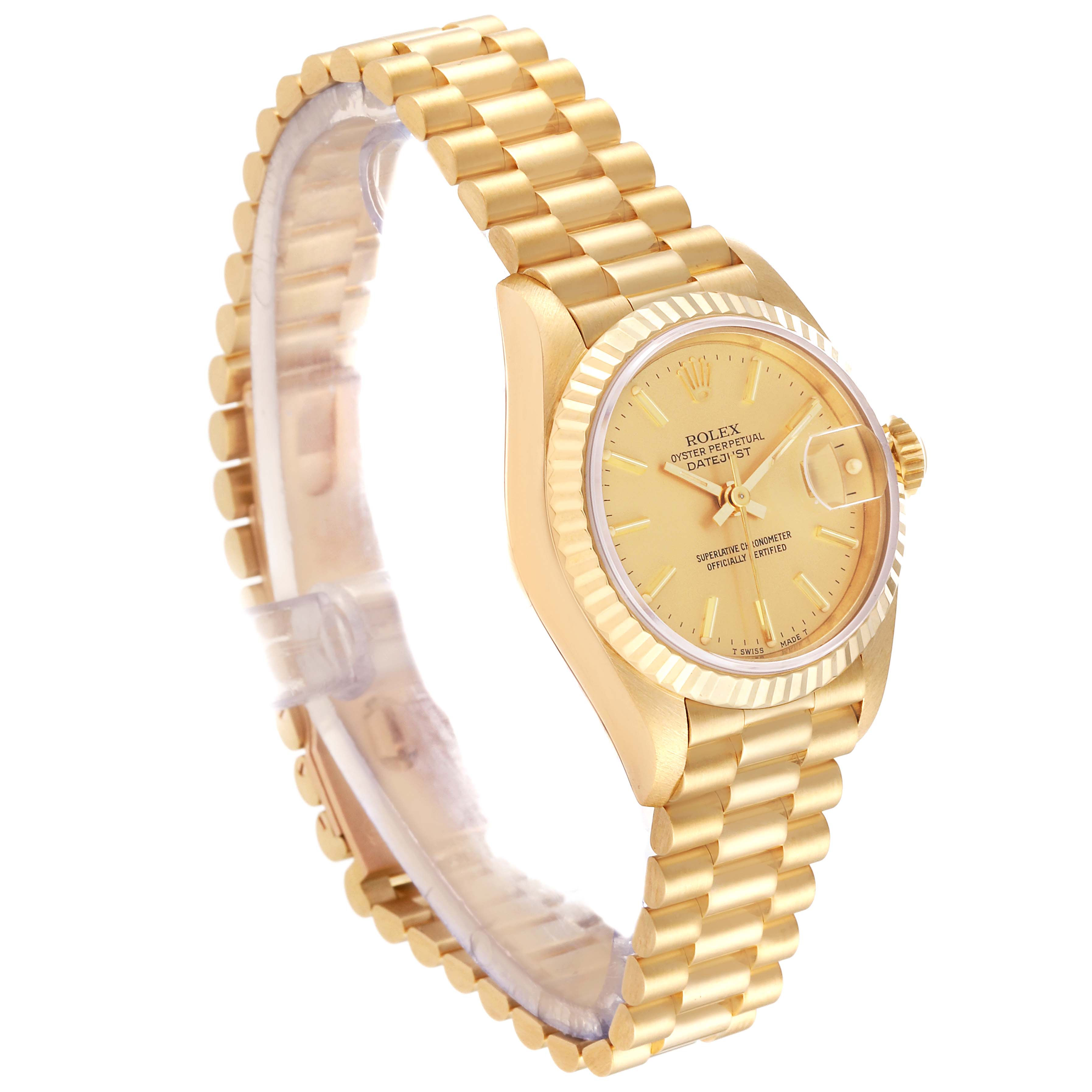 The image shows a Rolex President 69178 Women's Yellow Gold Champagne Dial 69178 Women's Yellow Gold Champagne Dial model watch at a slight angle, highlighting the band, face, case, and crown.