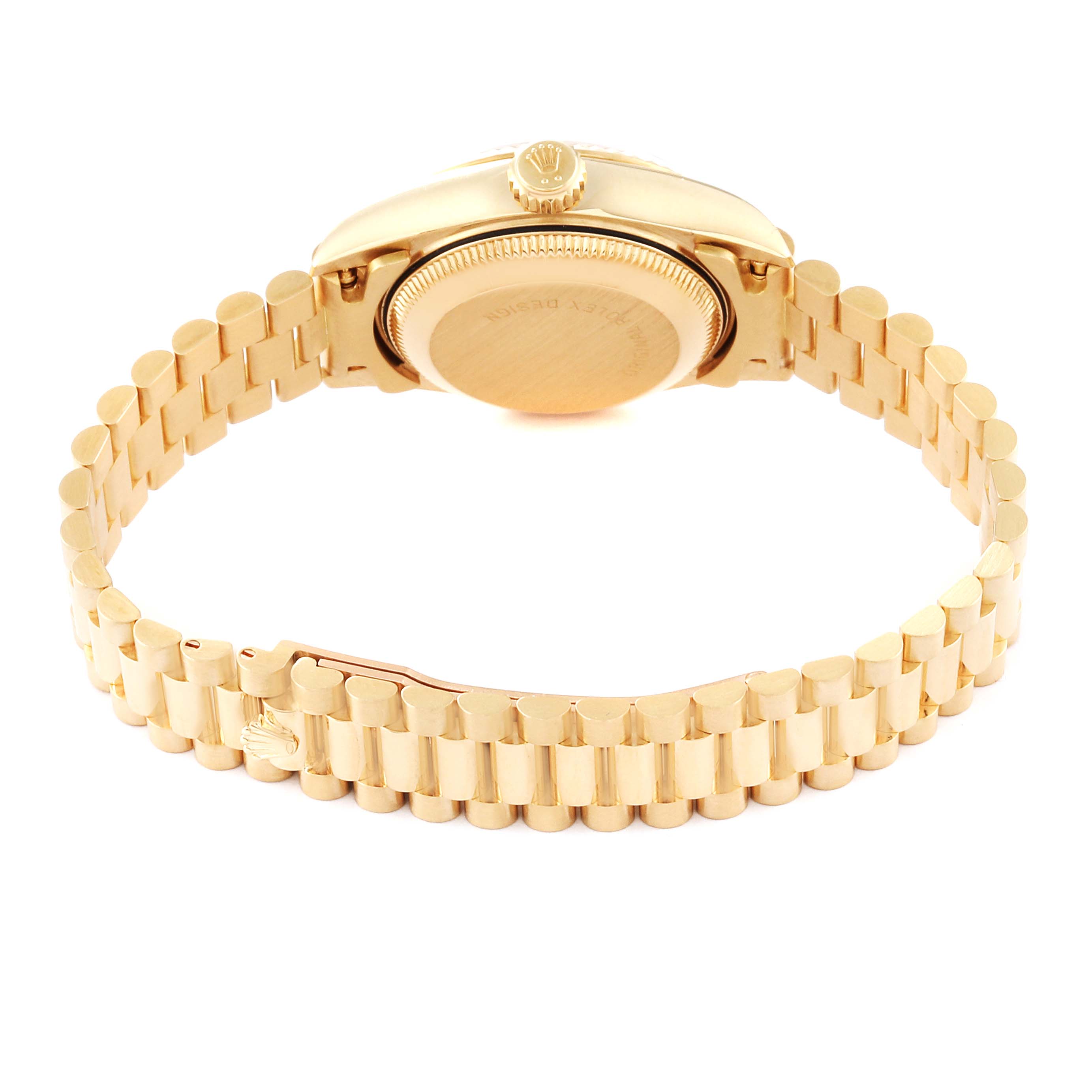 This image shows the back and bracelet of a Rolex President 69178 Women's Yellow Gold Champagne Dial 69178 Women's Yellow Gold Champagne Dial model watch, highlighting the clasp and the caseback.