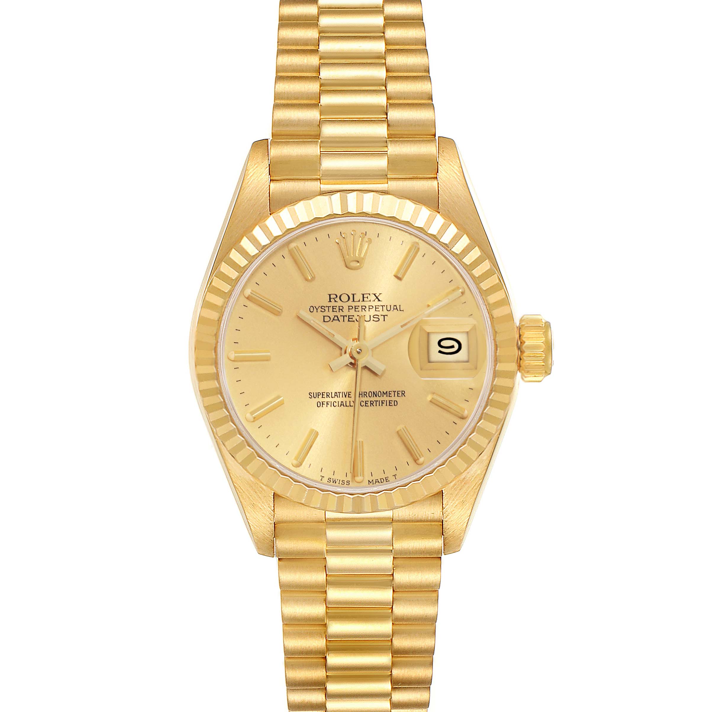 This image shows a front view of a Rolex President 69178 Women's Yellow Gold Champagne Dial 69178 Women's Yellow Gold Champagne Dial model watch, highlighting its dial, bezel, and bracelet.