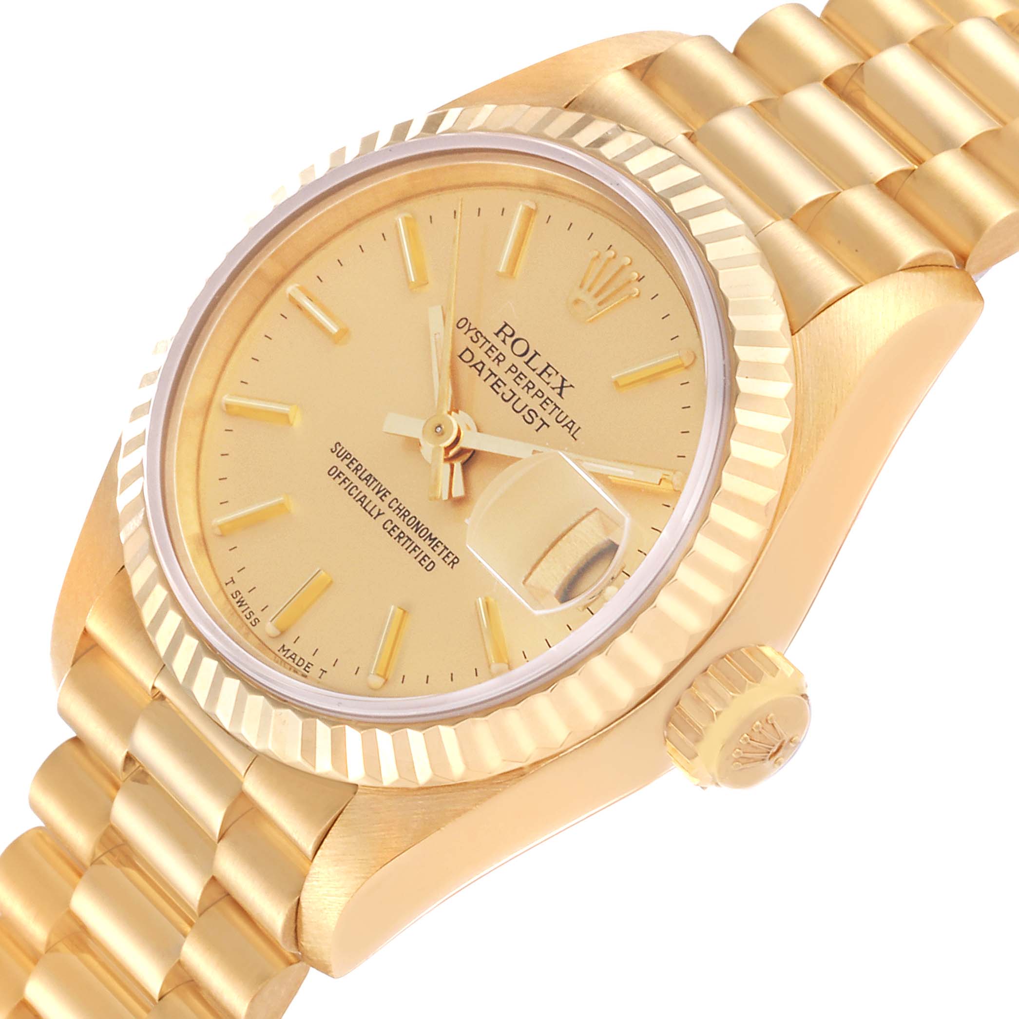 The image shows a gold Rolex President 69178 Women's Yellow Gold Champagne Dial 69178 Women's Yellow Gold Champagne Dial model watch, highlighting its face, bezel, crown, and part of the bracelet at an angled view.