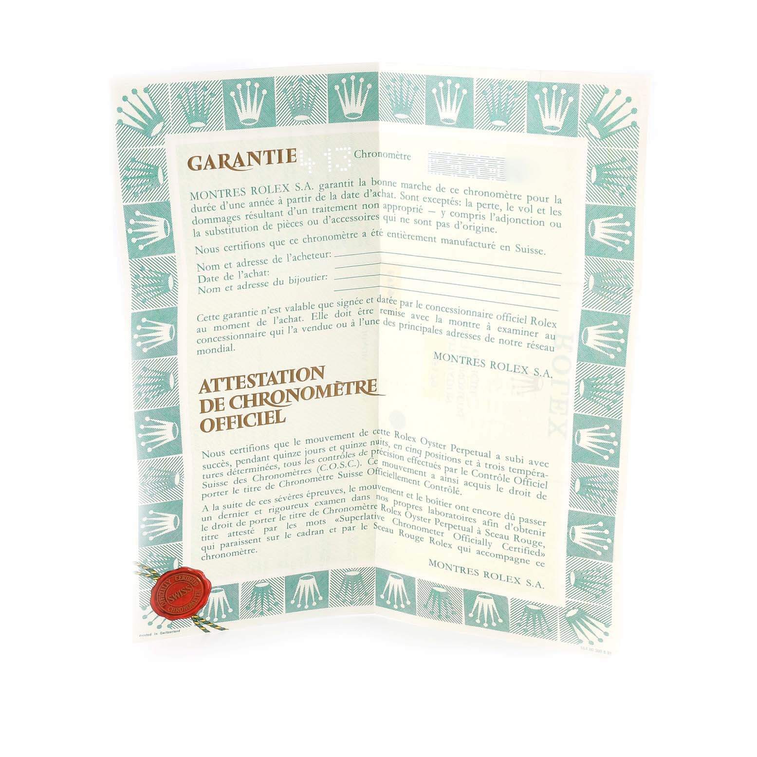 This image shows the official warranty and chronometer certification documents for a Rolex President 69178 Women's Yellow Gold Champagne Dial 69178 Women's Yellow Gold Champagne Dial model.