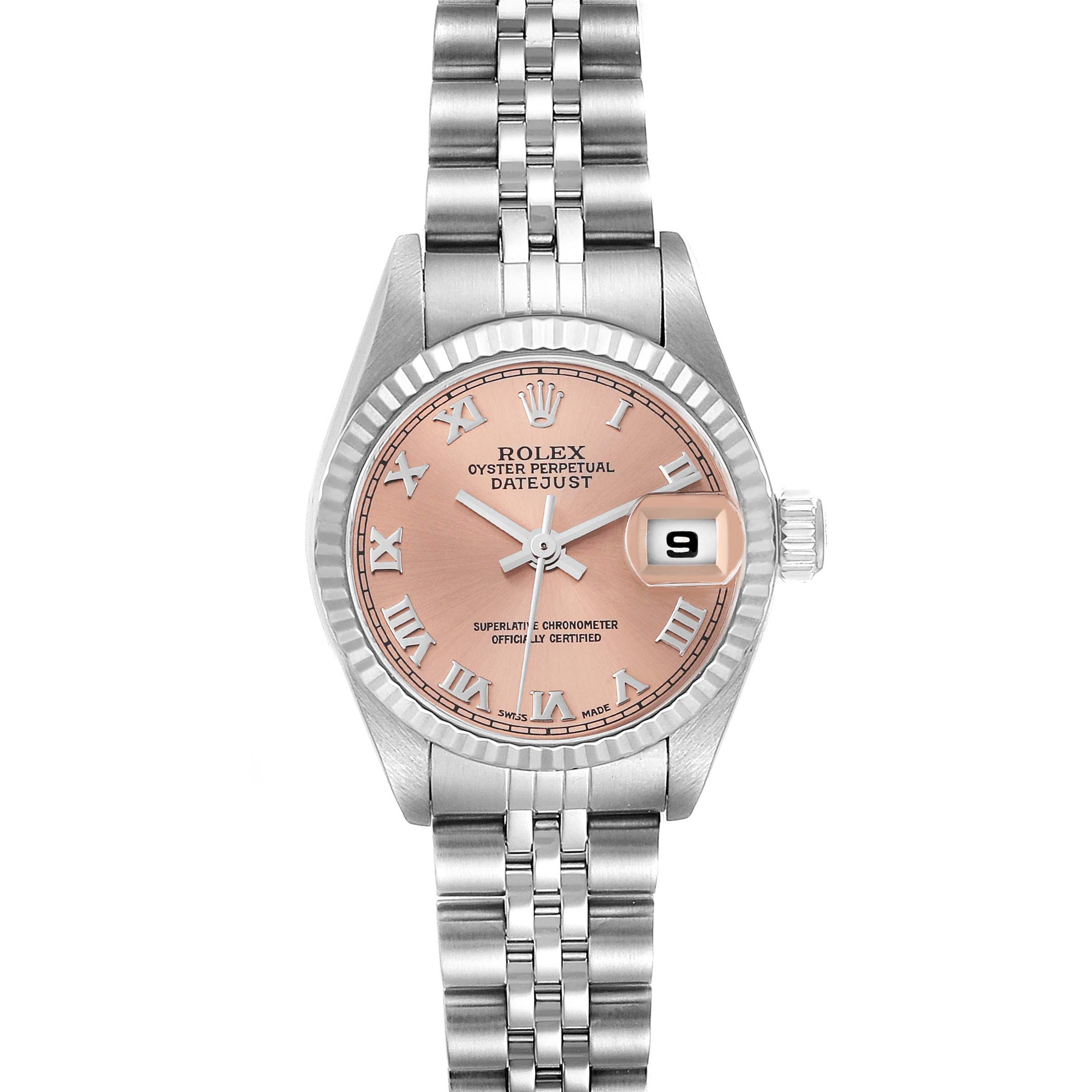 The image shows a front view of a Rolex Datejust 79174 Women's Stainless Steel Pink Dial 79174 Women's Stainless Steel Pink Dial watch featuring a pink dial, Roman numerals, and a date display at 3 o'clock.