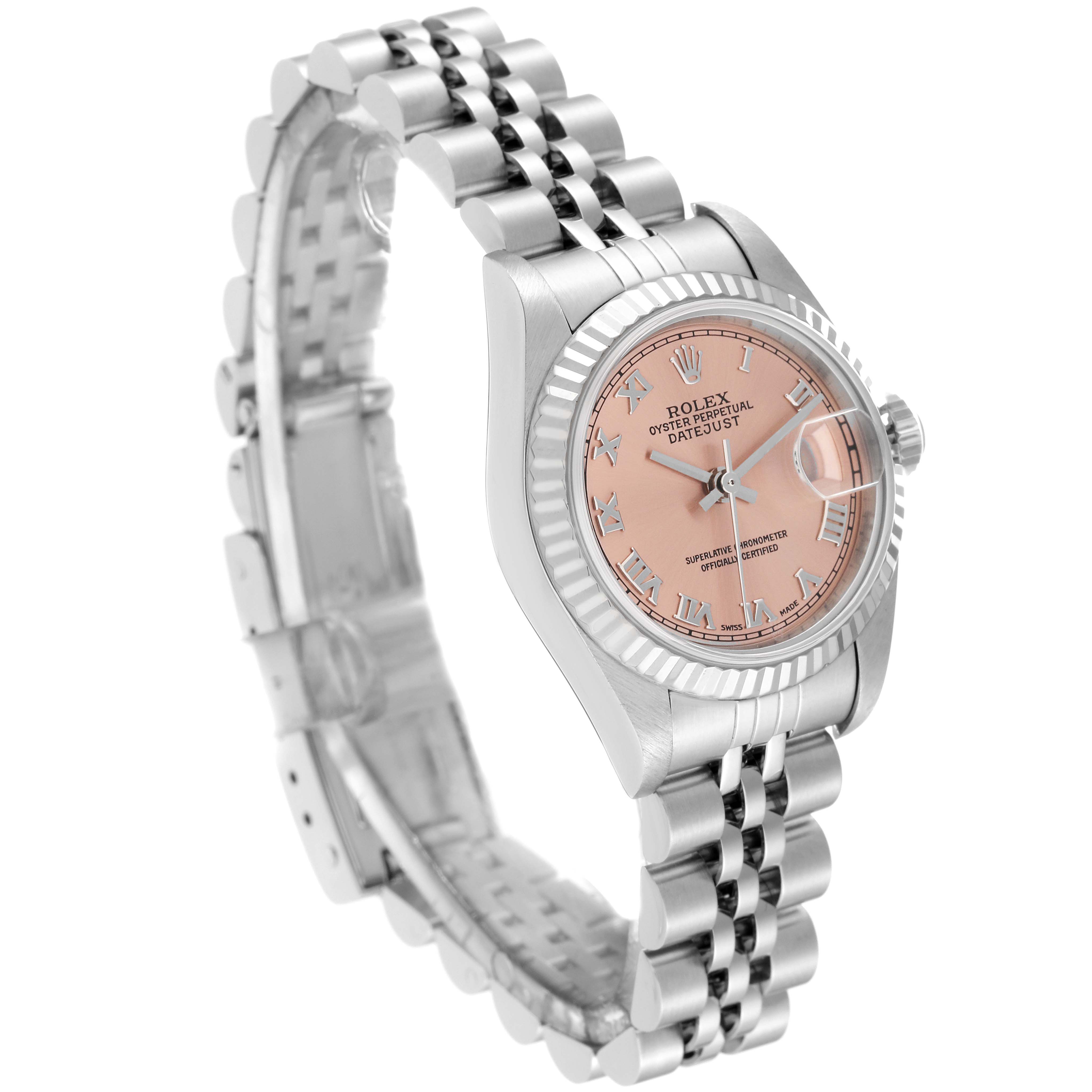 The image shows a Rolex Datejust 79174 Women's Stainless Steel Pink Dial 79174 Women's Stainless Steel Pink Dial watch from a three-quarter angle, highlighting the watch face, bezel, and bracelet.