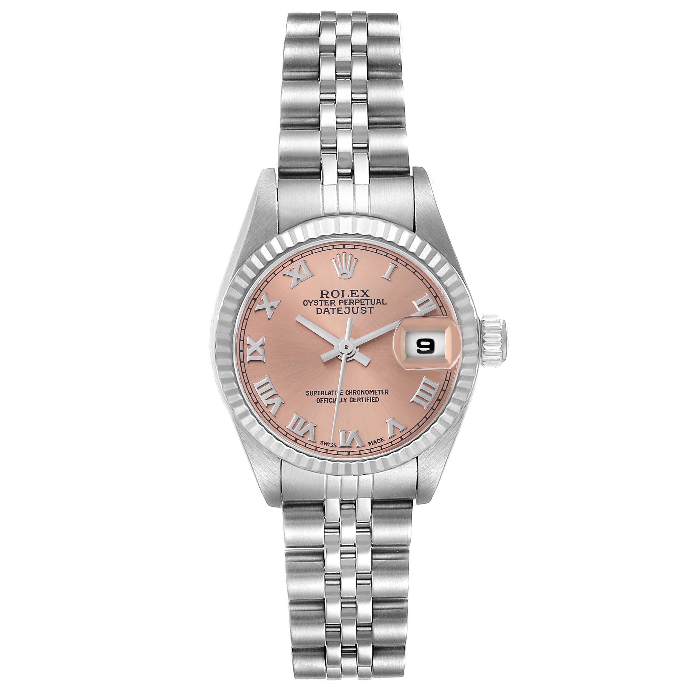 The Rolex Datejust 79174 Women's Stainless Steel Pink Dial 79174 Women's Stainless Steel Pink Dial watch is shown from a top-down angle, displaying the dial, bracelet, and date window.