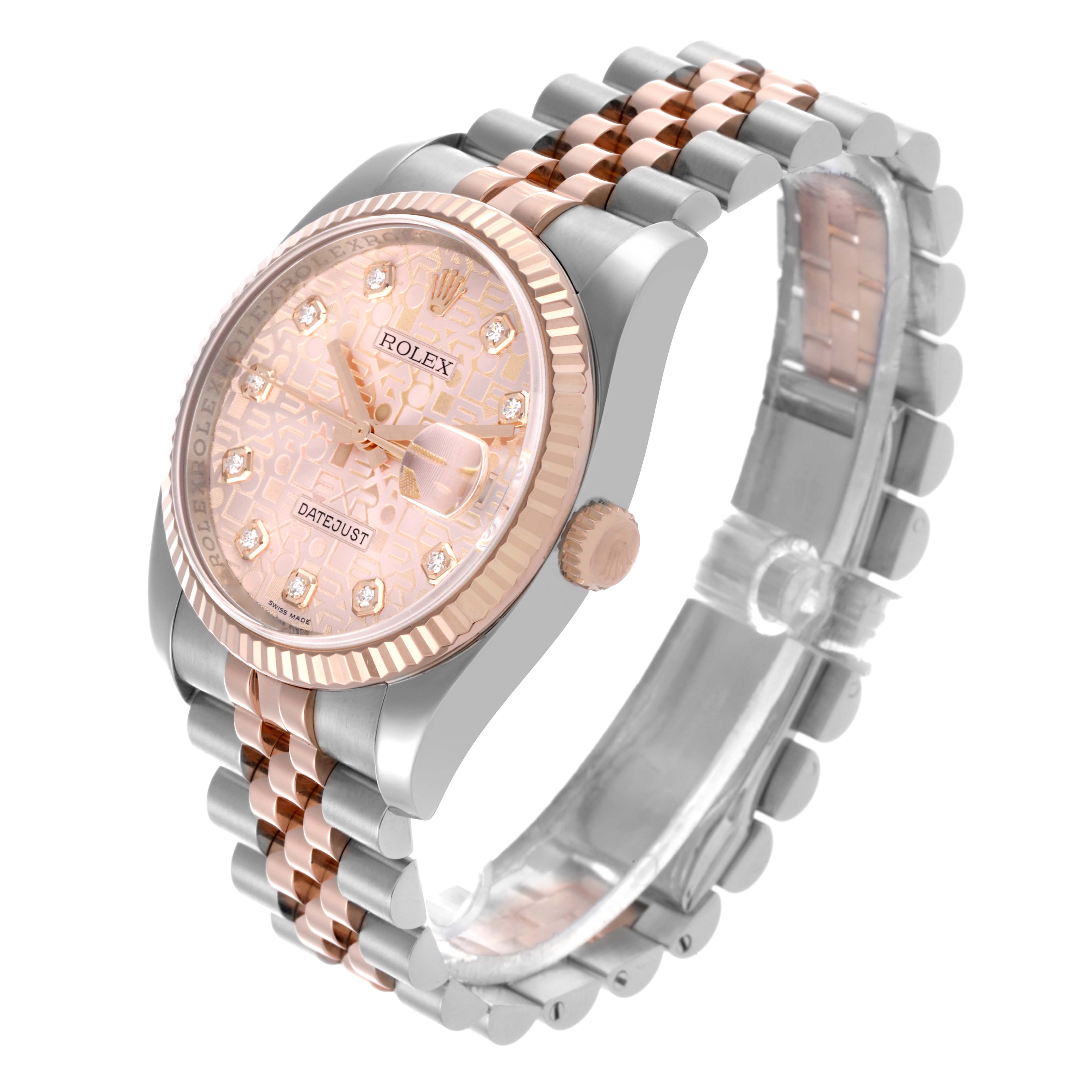 The Rolex Datejust 116231 Men's Steel and Gold (two tone) Pink Dial 116231 Men's Steel and Gold (two tone) Pink Dial watch is shown at an angled side view, displaying the dial, fluted bezel, crown, and two-tone bracelet.