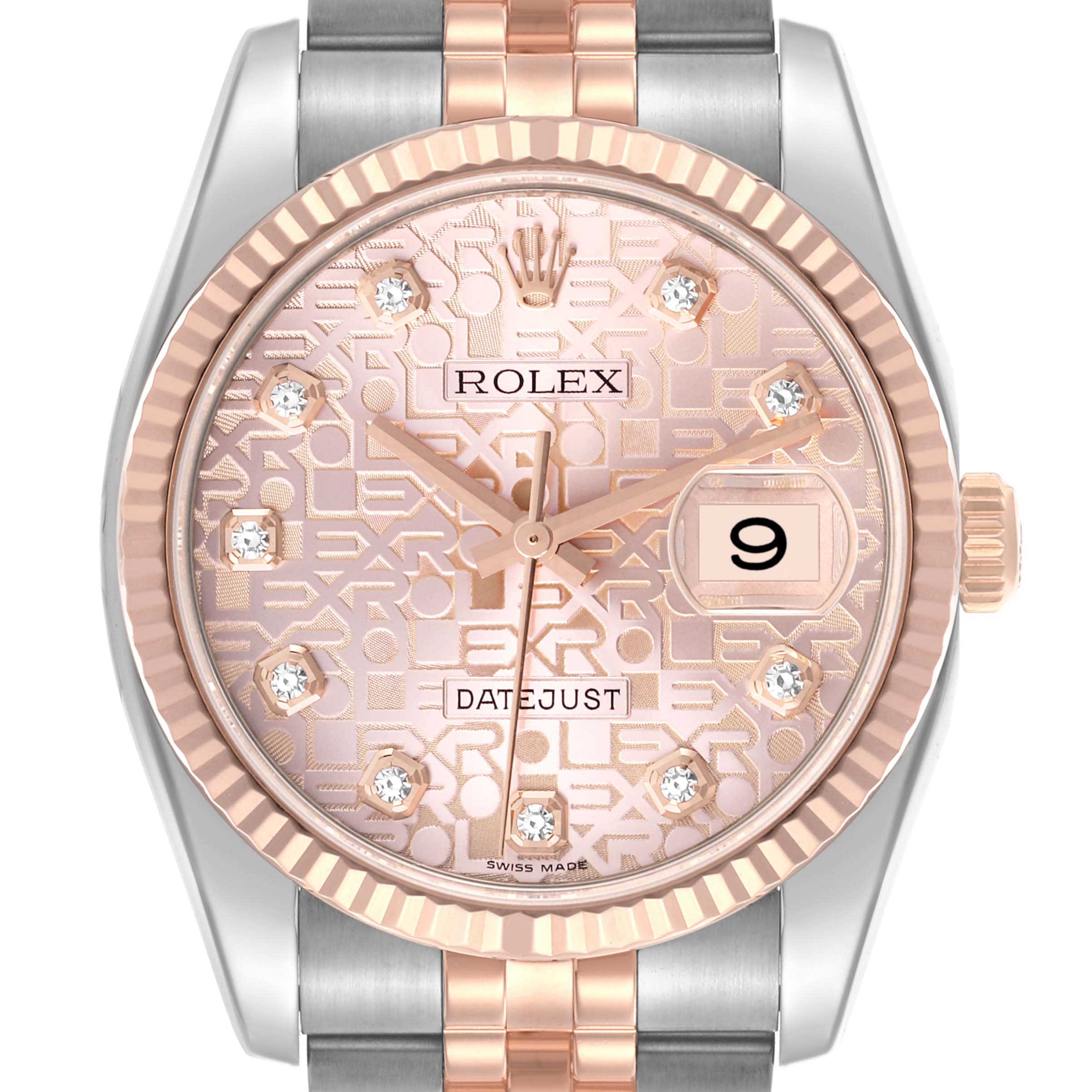 The Rolex Datejust 116231 Men's Steel and Gold (two tone) Pink Dial 116231 Men's Steel and Gold (two tone) Pink Dial watch is shown from the front, highlighting its face, bezel, crown, and part of the bracelet.