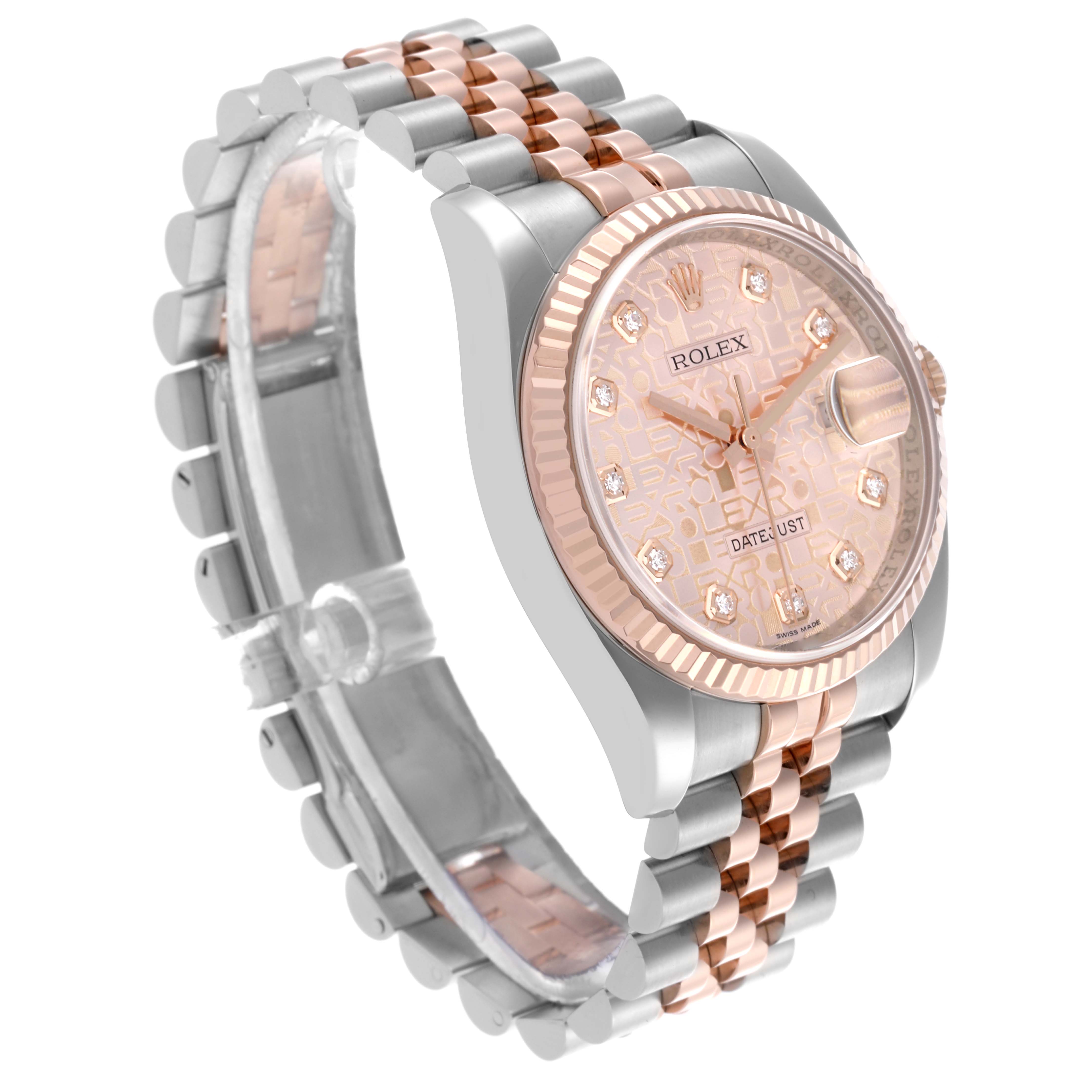The Rolex Datejust 116231 Men's Steel and Gold (two tone) Pink Dial 116231 Men's Steel and Gold (two tone) Pink Dial watch is shown at a three-quarter angle, highlighting its face, bezel, and bracelet.