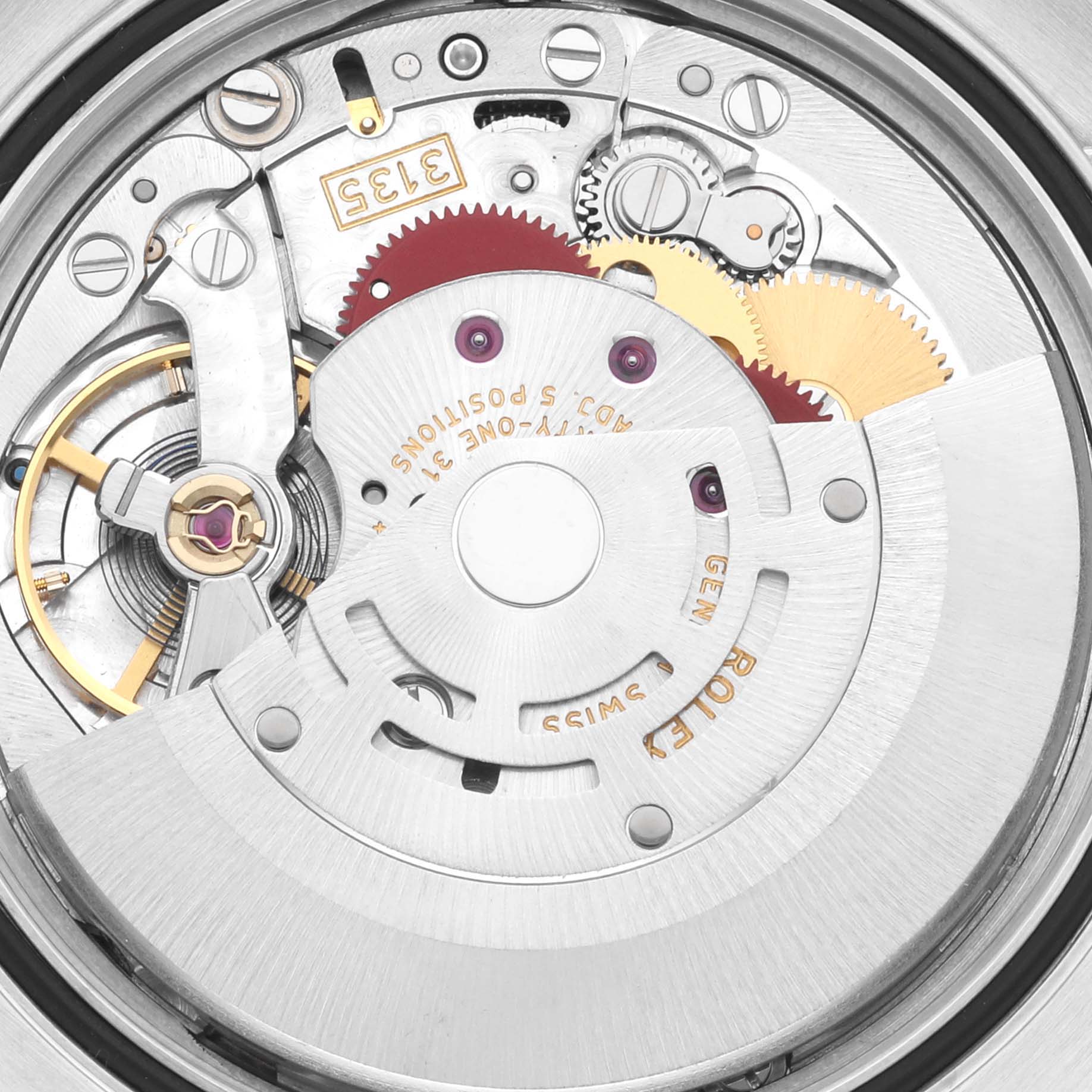 The image shows a close-up of the movement inside a Rolex Datejust 116231 Men's Steel and Gold (two tone) Pink Dial 116231 Men's Steel and Gold (two tone) Pink Dial watch, highlighting gears and the rotor.