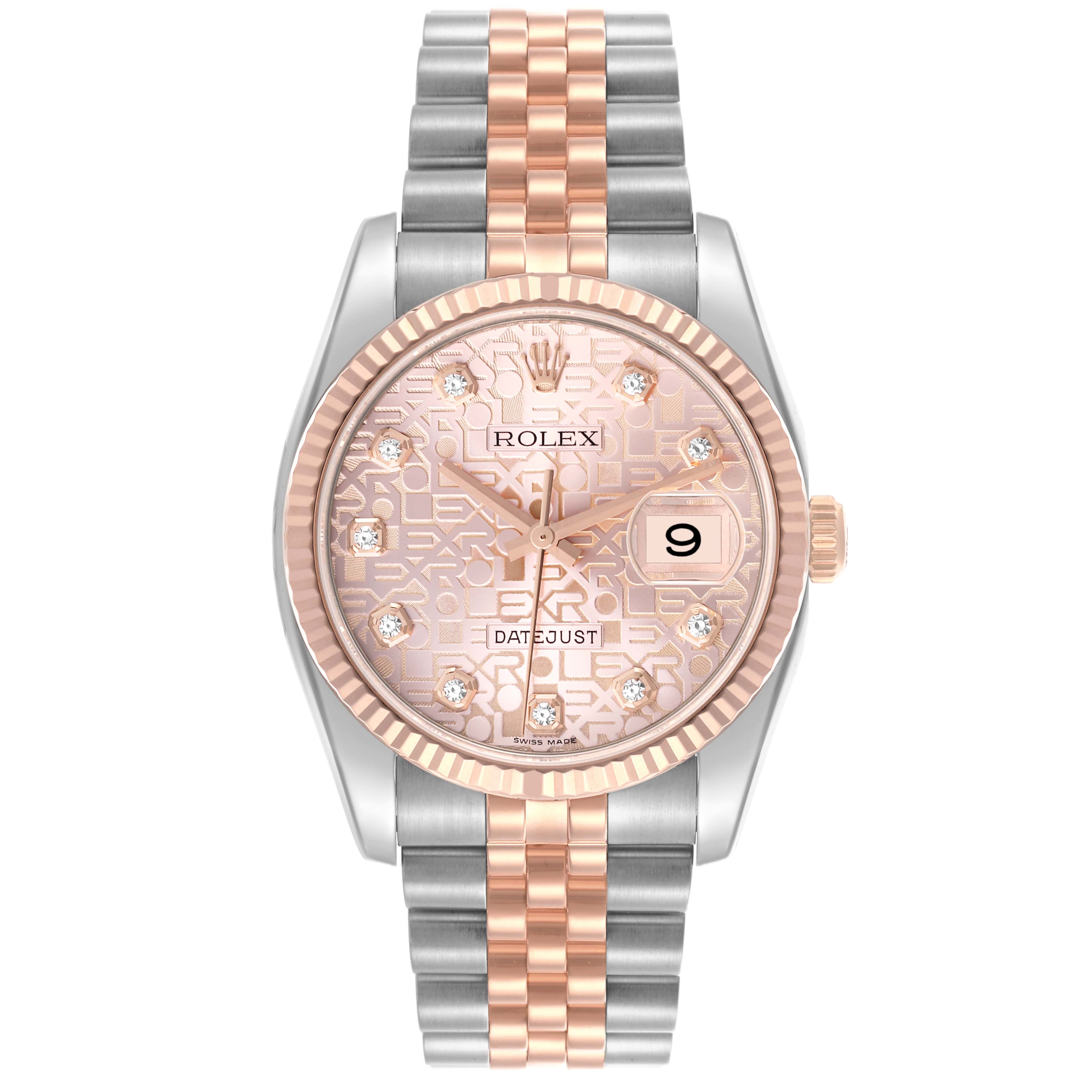 The Rolex Datejust 116231 Men's Steel and Gold (two tone) Pink Dial 116231 Men's Steel and Gold (two tone) Pink Dial watch is shown from the front, displaying its dial, hands, bezel, and bracelet.