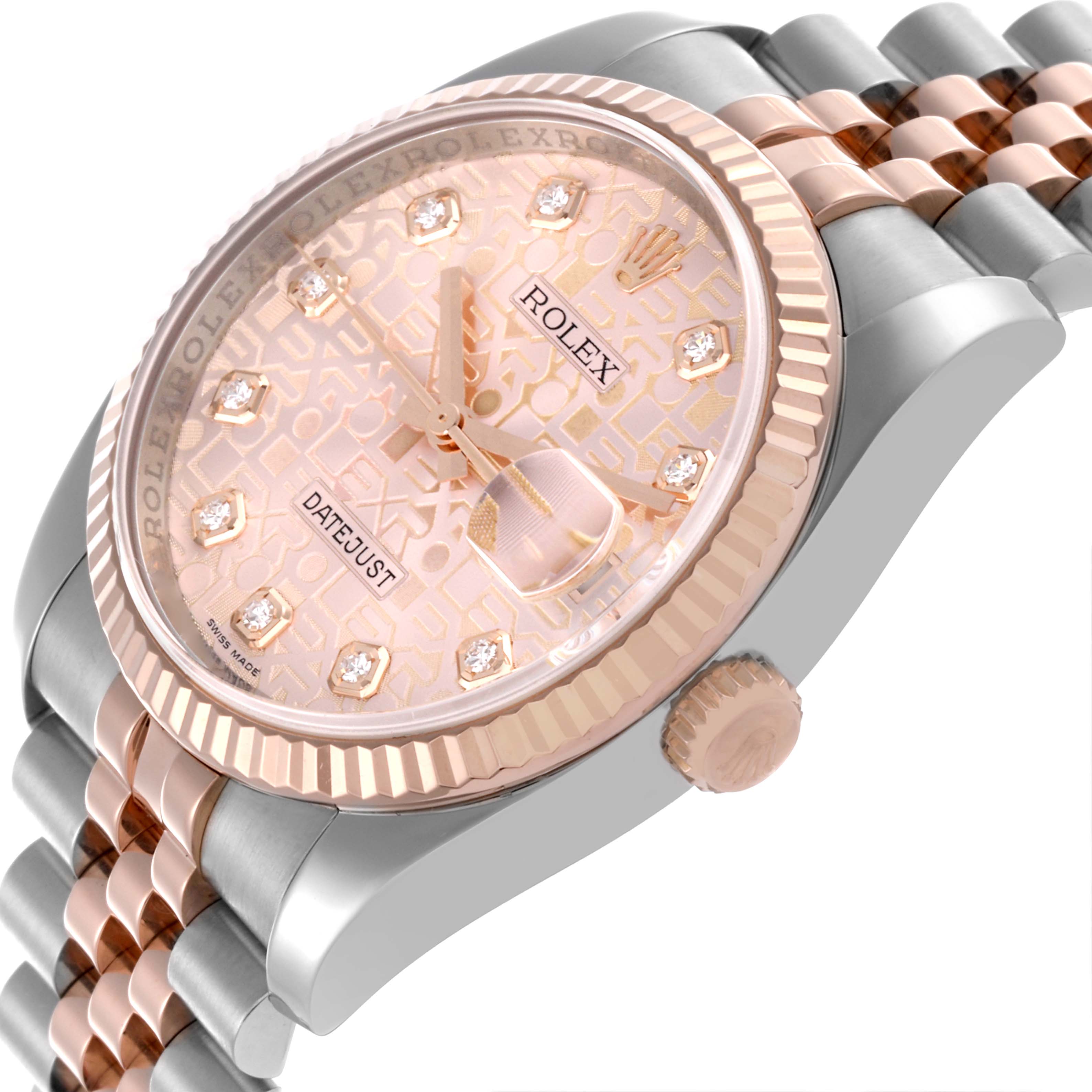 The Rolex Datejust 116231 Men's Steel and Gold (two tone) Pink Dial 116231 Men's Steel and Gold (two tone) Pink Dial watch is shown from a side angle, highlighting the dial, bezel, crown, and part of the bracelet.