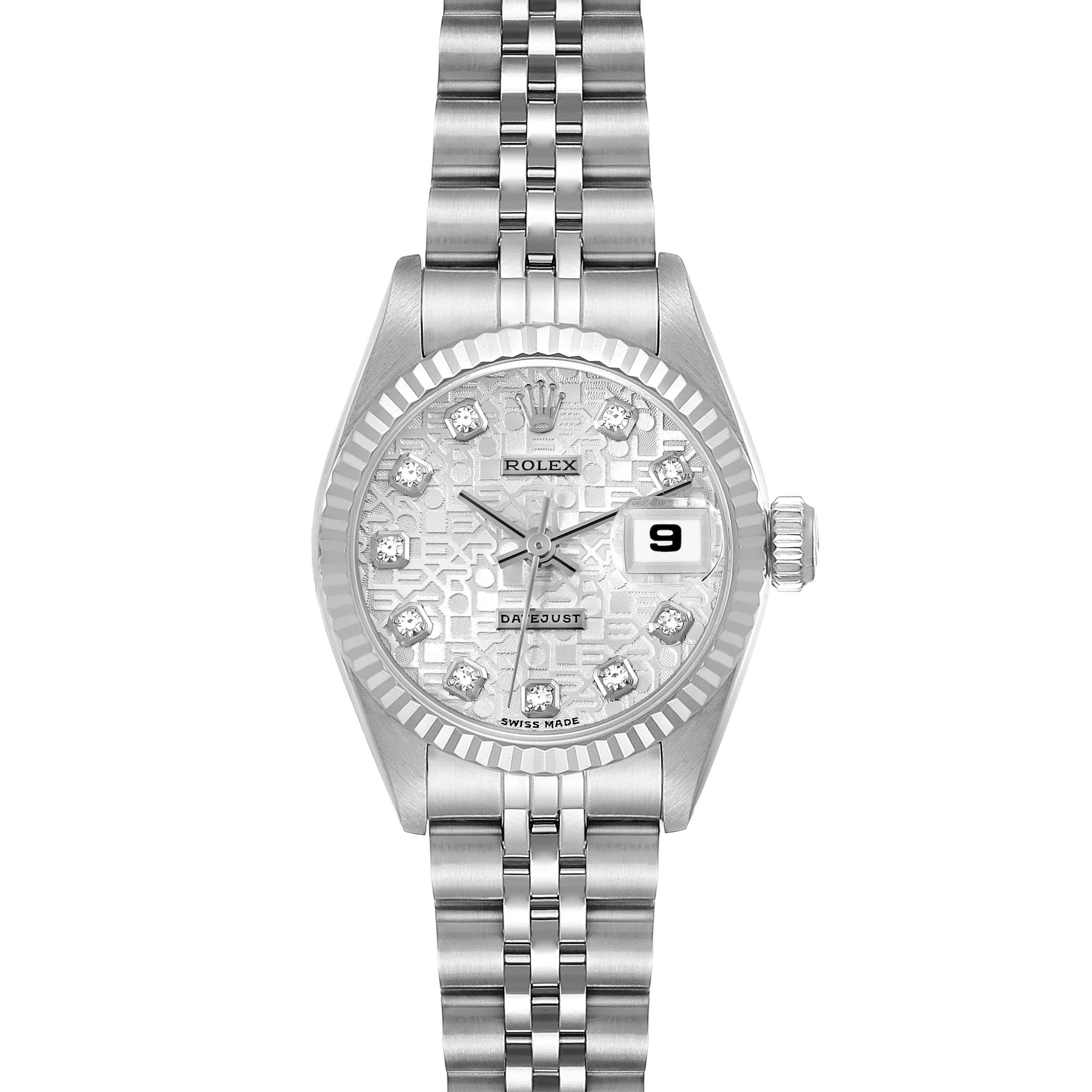 This image shows a front view of a Rolex Datejust 69174 Women's Stainless Steel Silver Dial 69174 Women's Stainless Steel Silver Dial watch, highlighting the dial, hands, date window, bezel, and bracelet.