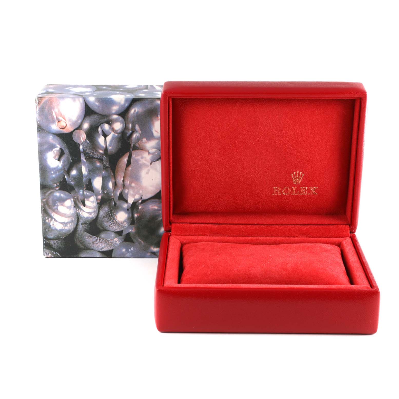 The image shows an empty red watch box and outer case for a Rolex Datejust 69174 Women's Stainless Steel Silver Dial 69174 Women's Stainless Steel Silver Dial model.