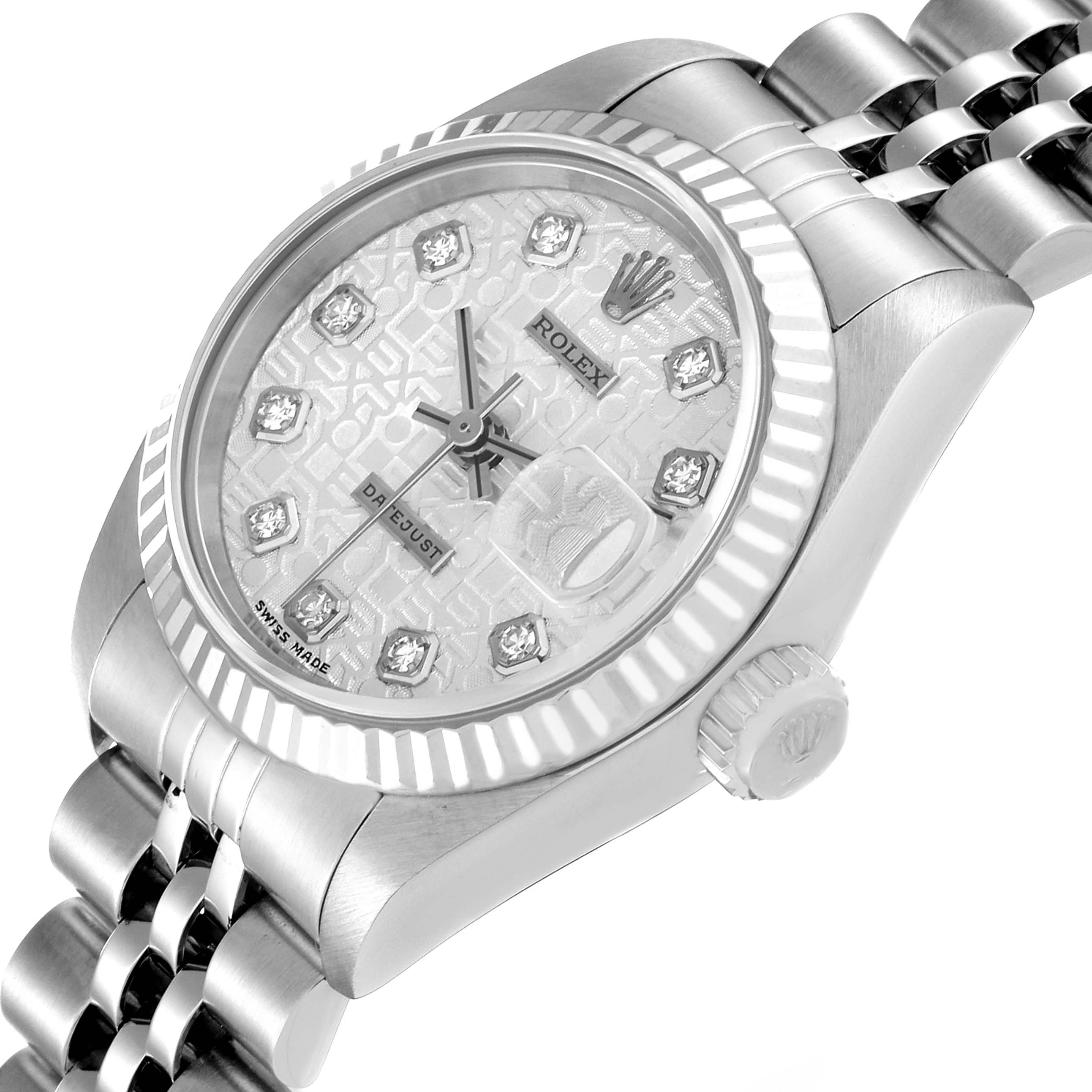 This image shows a close-up angle of the Rolex Datejust 69174 Women's Stainless Steel Silver Dial 69174 Women's Stainless Steel Silver Dial watch, highlighting its dial, crown, bezel, and part of its bracelet.