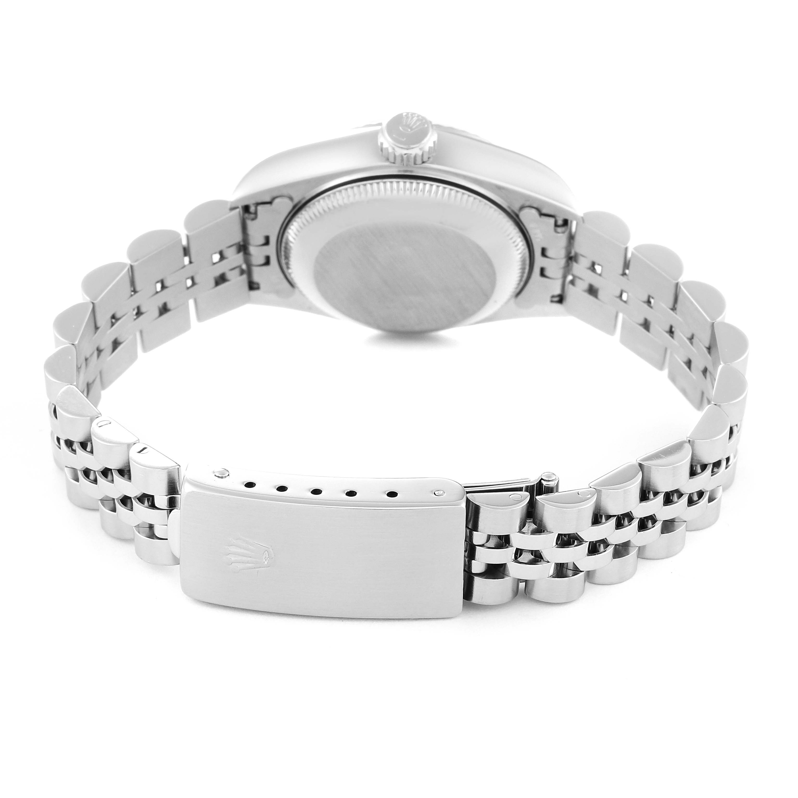 This image shows the back of the Rolex Datejust 69174 Women's Stainless Steel Silver Dial 69174 Women's Stainless Steel Silver Dial watch and its bracelet, including the clasp and caseback.