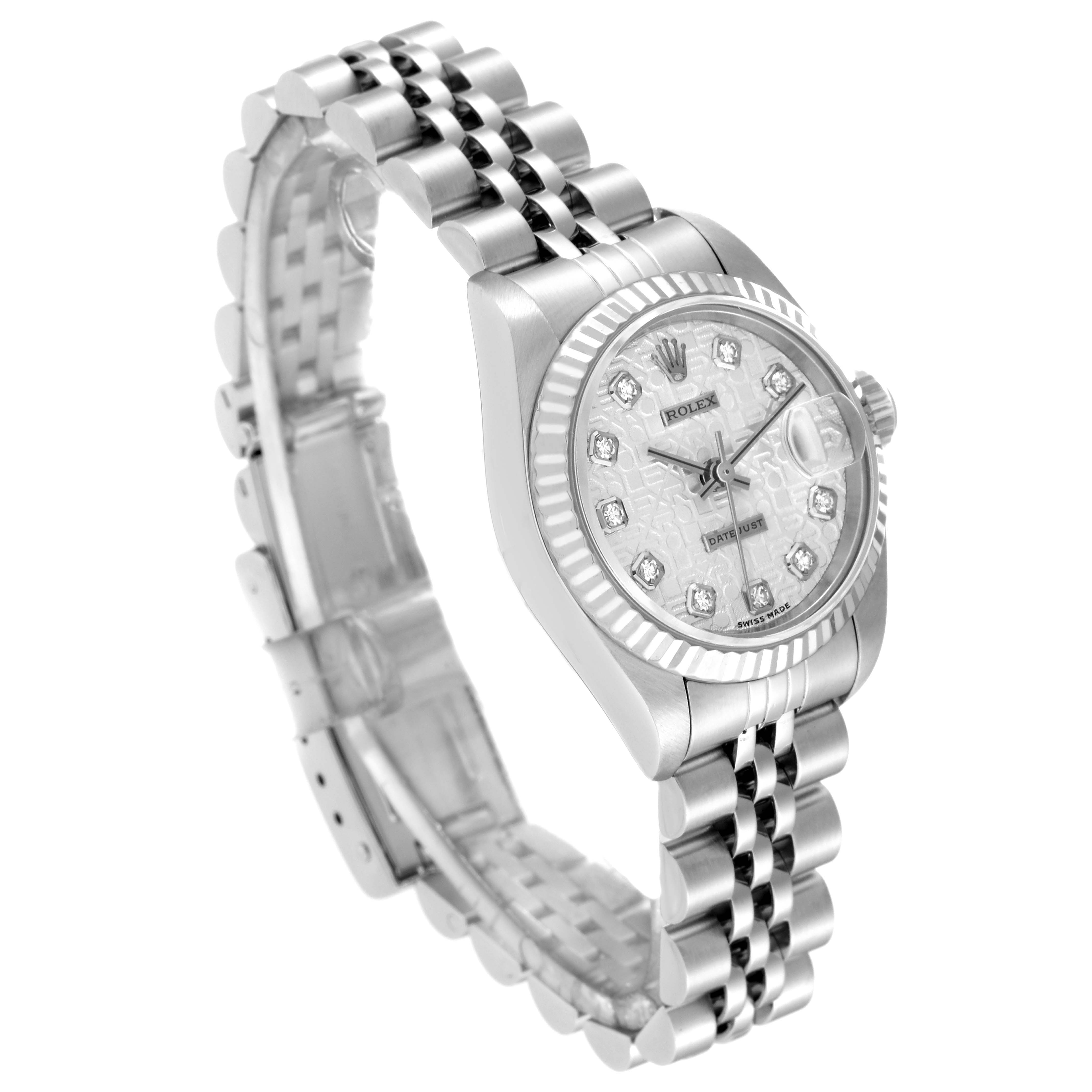 The image shows a Rolex Datejust 69174 Women's Stainless Steel Silver Dial 69174 Women's Stainless Steel Silver Dial watch at an angled side view, featuring its dial, fluted bezel, and Jubilee bracelet.