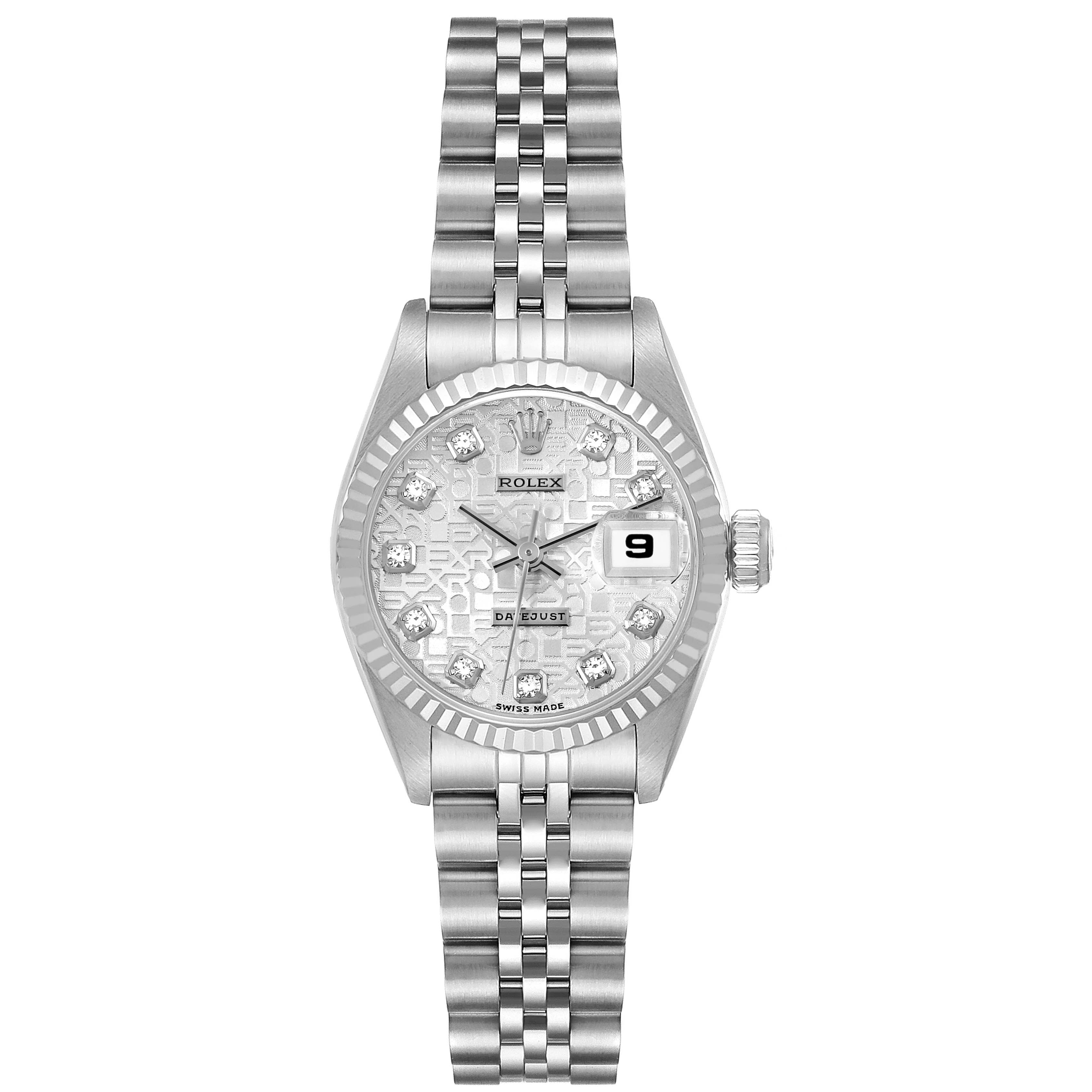 This Rolex Datejust 69174 Women's Stainless Steel Silver Dial 69174 Women's Stainless Steel Silver Dial watch is shown from the front, displaying the dial, jubilee bracelet, and part of the crown.