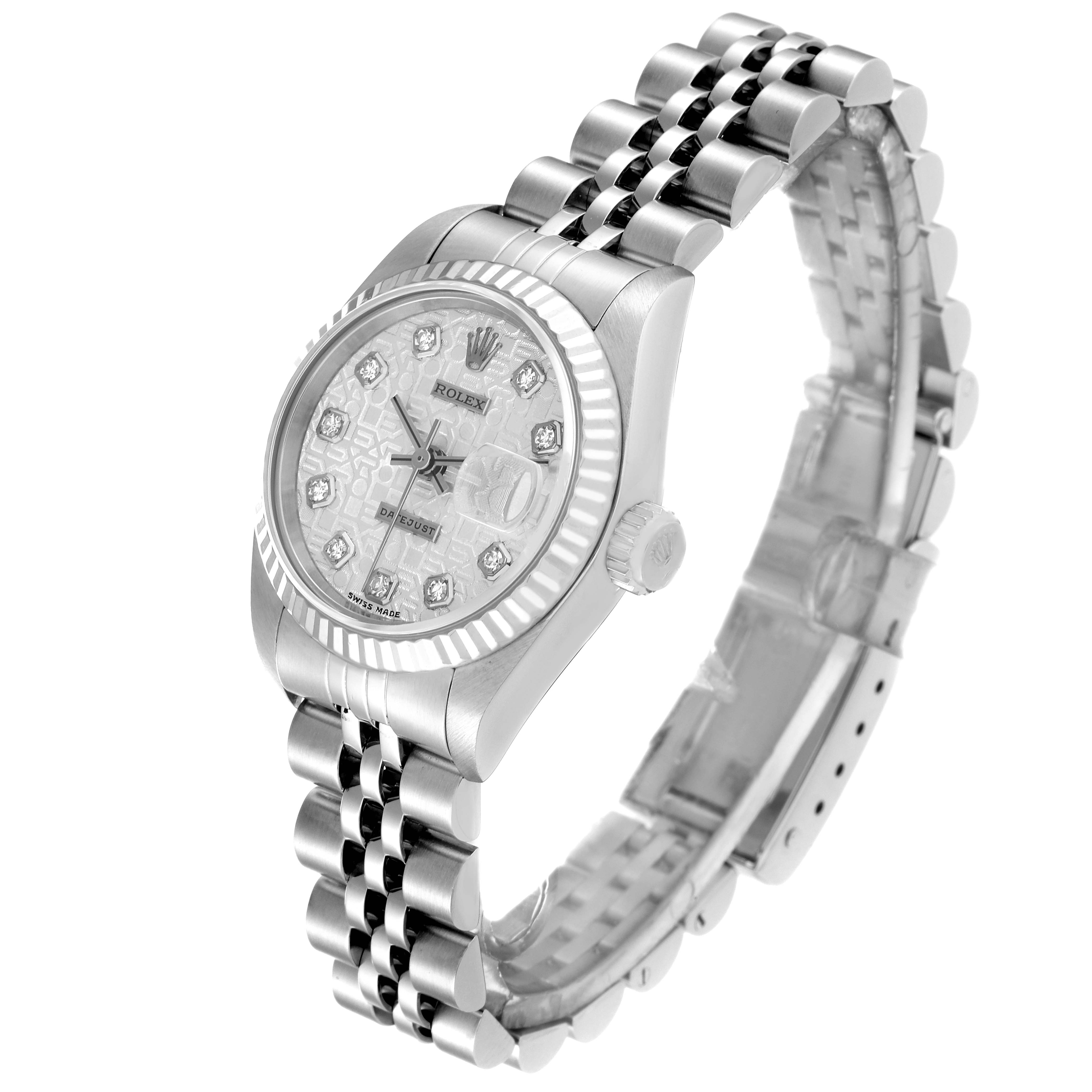 The image shows a Rolex Datejust 69174 Women's Stainless Steel Silver Dial 69174 Women's Stainless Steel Silver Dial watch angled from the front-left side, displaying its face, bezel, and jubilee bracelet.