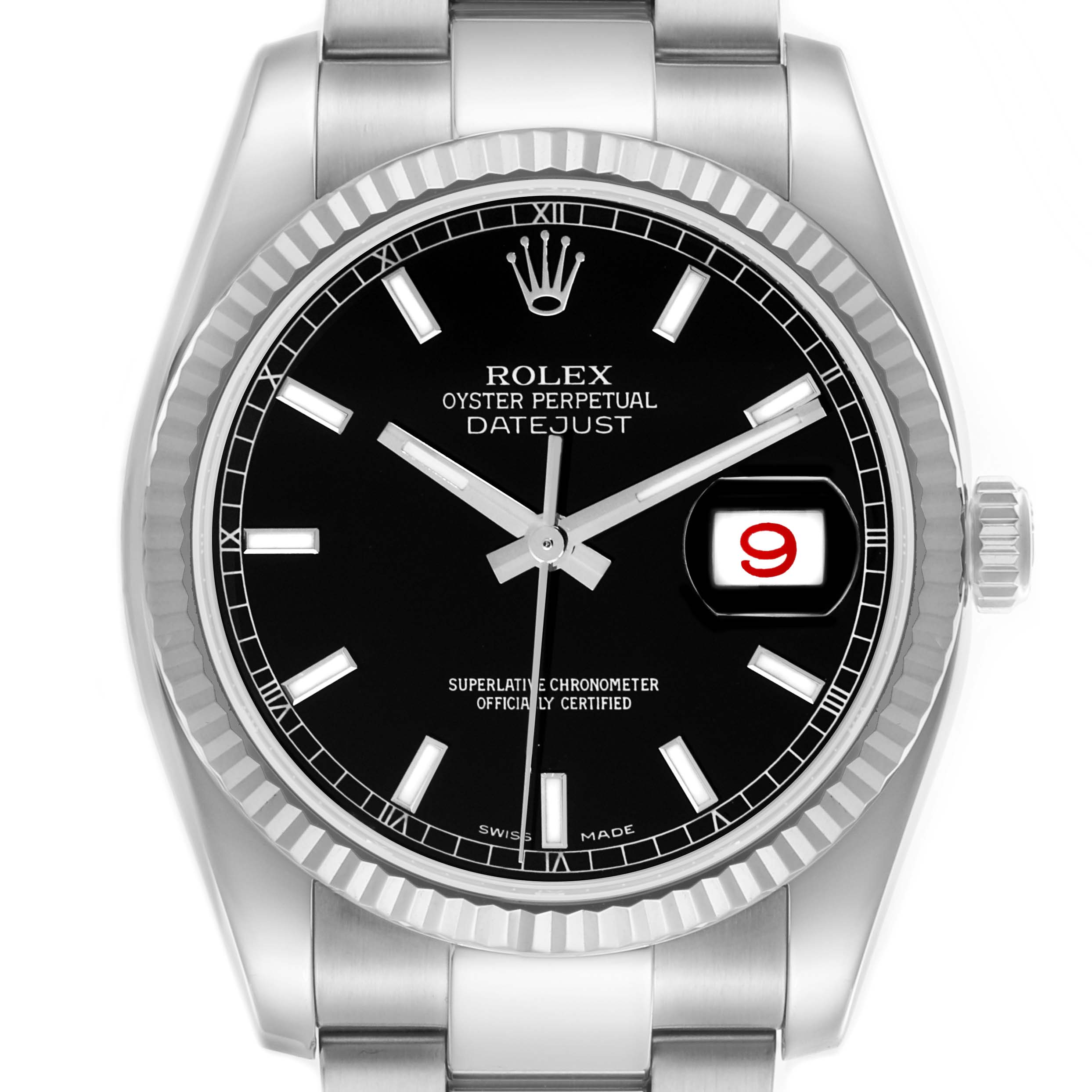 The Rolex Datejust 116234 Men's Stainless Steel Black Dial 116234 Men's Stainless Steel Black Dial watch is shown from a front angle, displaying the dial, hands, date window, bezel, and part of the bracelet.