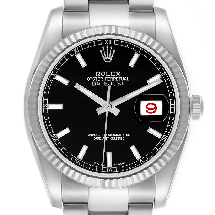 The Rolex Datejust watch is shown from a front angle, displaying the dial, hands, date window, bezel, and part of the bracelet.