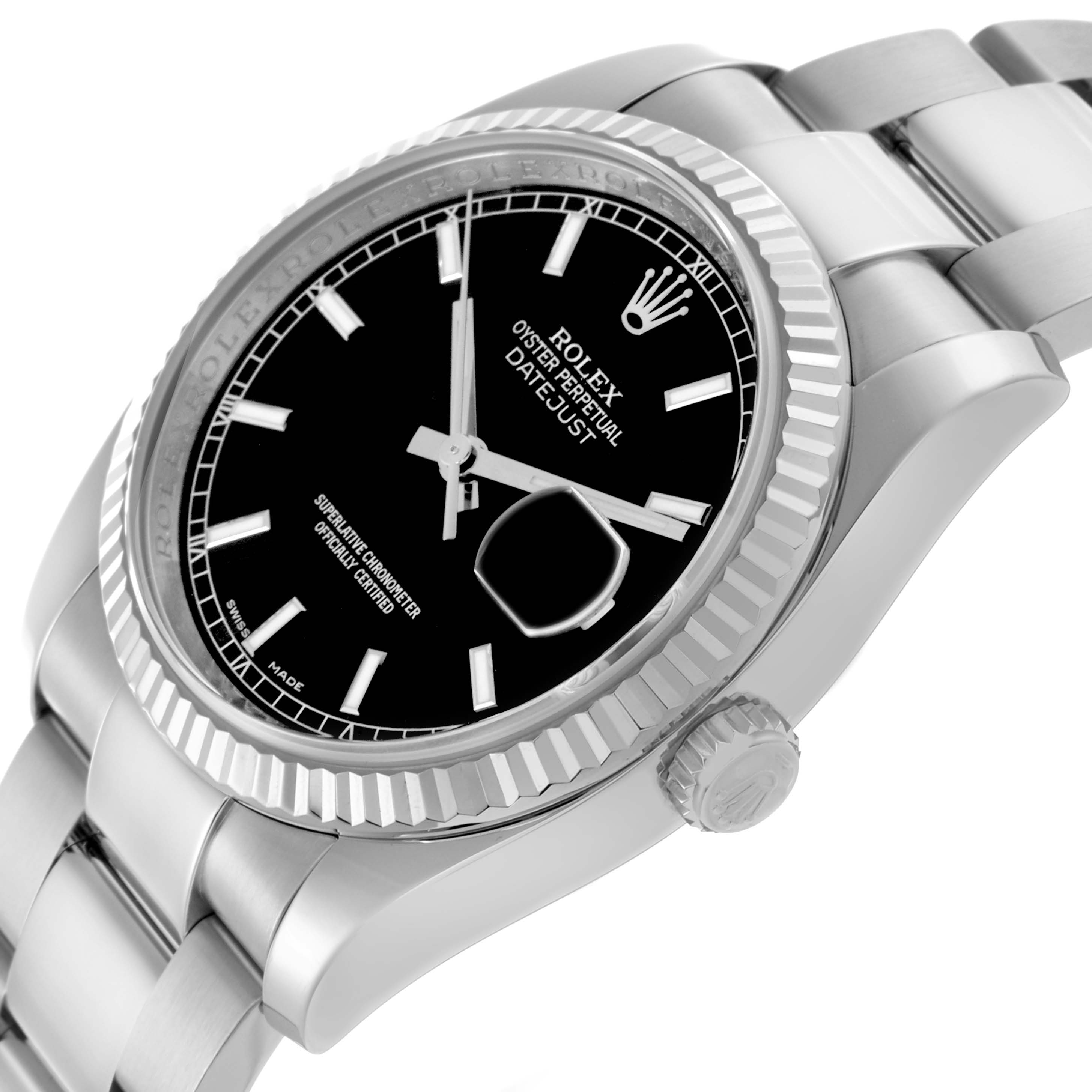 This image shows the Rolex Datejust 116234 Men's Stainless Steel Black Dial 116234 Men's Stainless Steel Black Dial watch from a side angle, highlighting the bezel, dial, and bracelet.