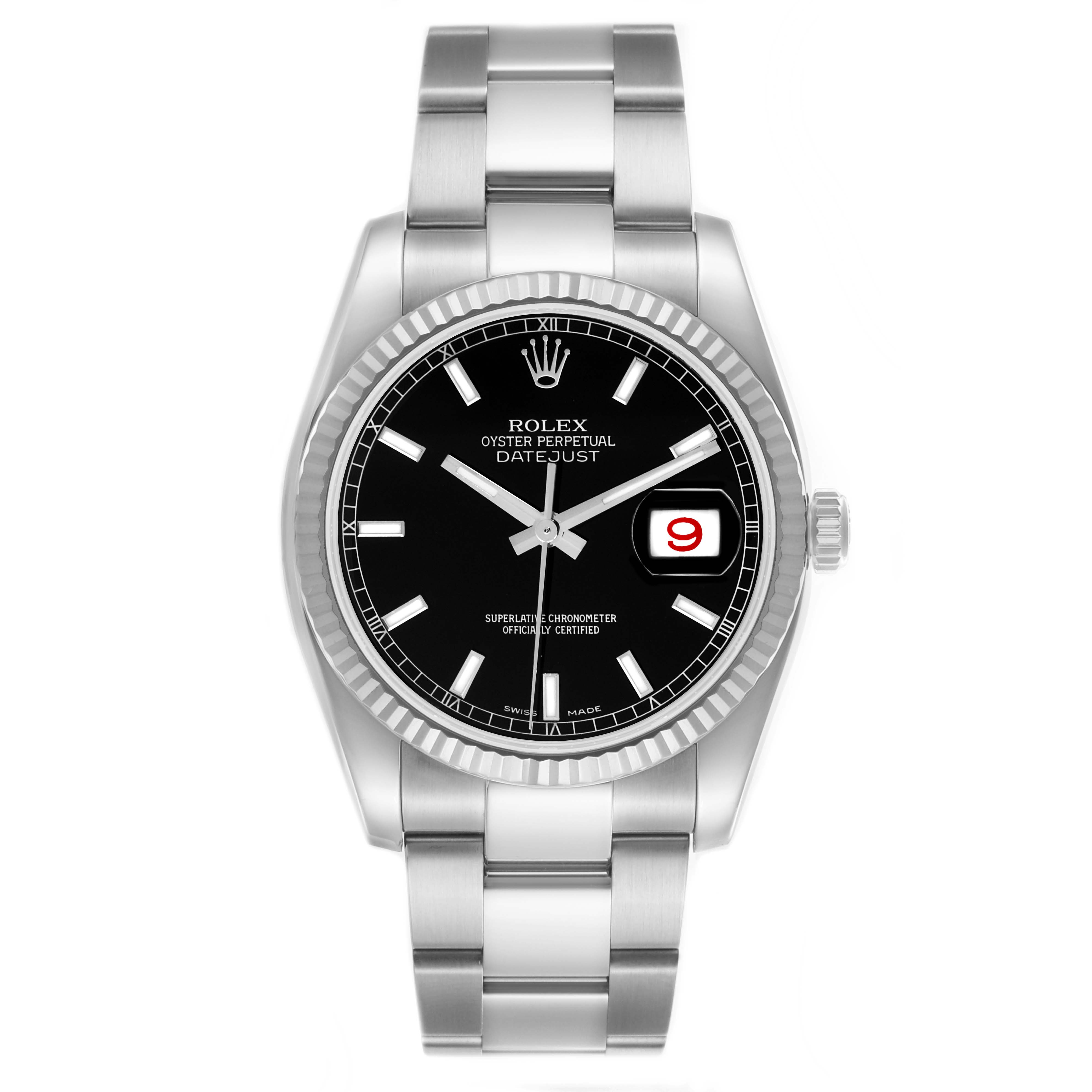 The Rolex Datejust 116234 Men's Stainless Steel Black Dial 116234 Men's Stainless Steel Black Dial watch is shown from a front angle, displaying the dial, bezel, case, and bracelet.