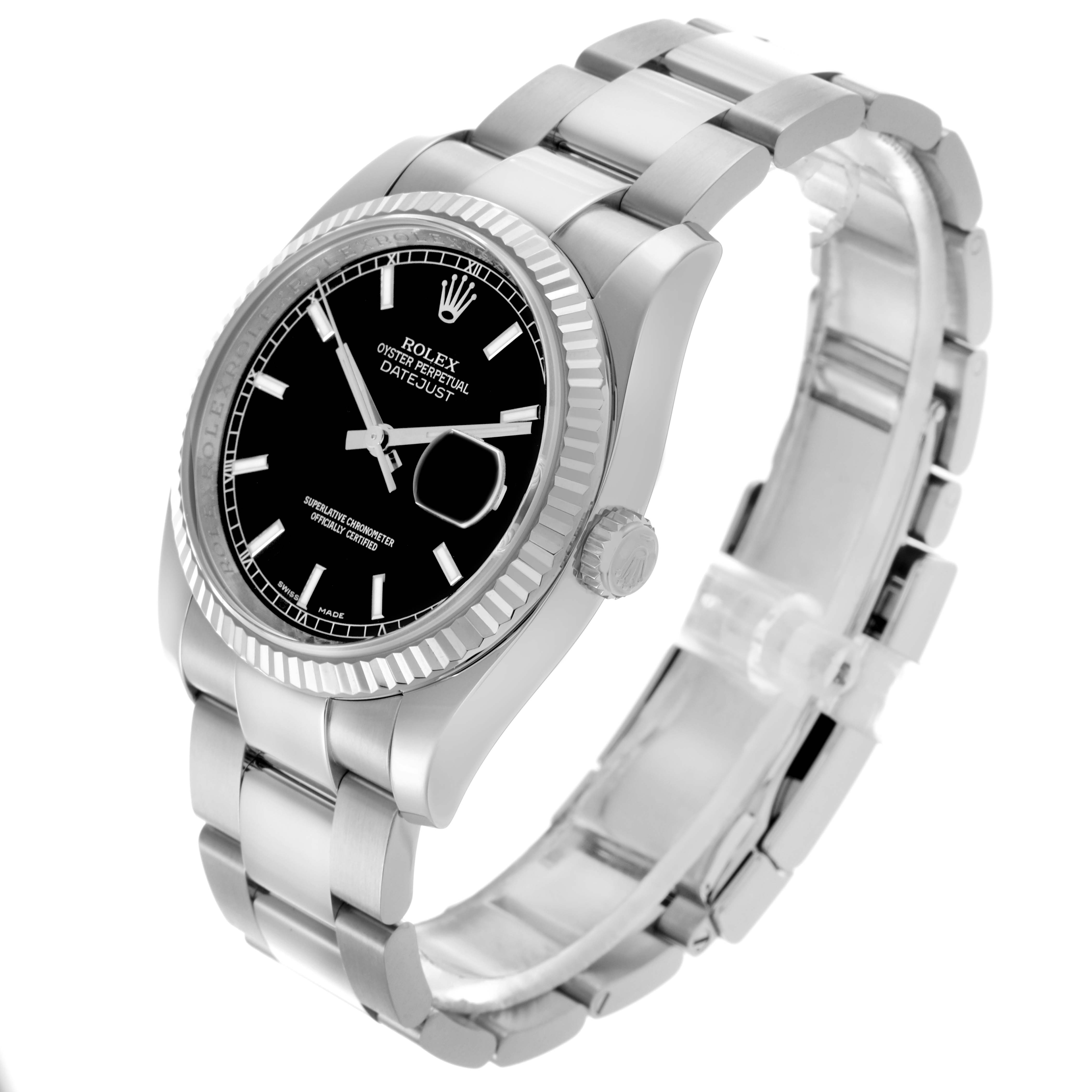The Rolex Datejust 116234 Men's Stainless Steel Black Dial 116234 Men's Stainless Steel Black Dial watch is shown at a slight side angle displaying its black dial, fluted bezel, bracelet, and crown.