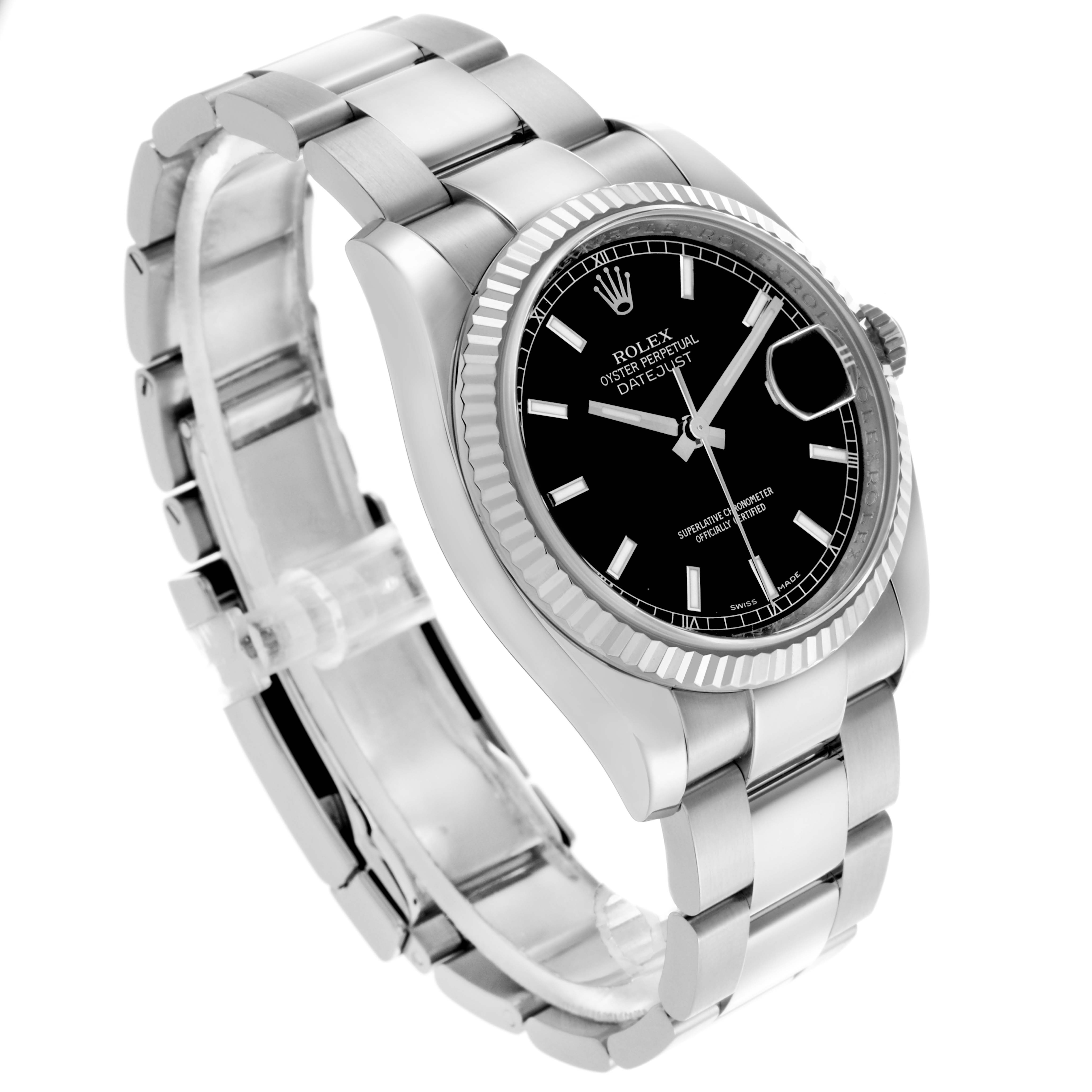 The Rolex Datejust 116234 Men's Stainless Steel Black Dial 116234 Men's Stainless Steel Black Dial watch is shown at a three-quarter angle, featuring the dial, bezel, bracelet, and crown.